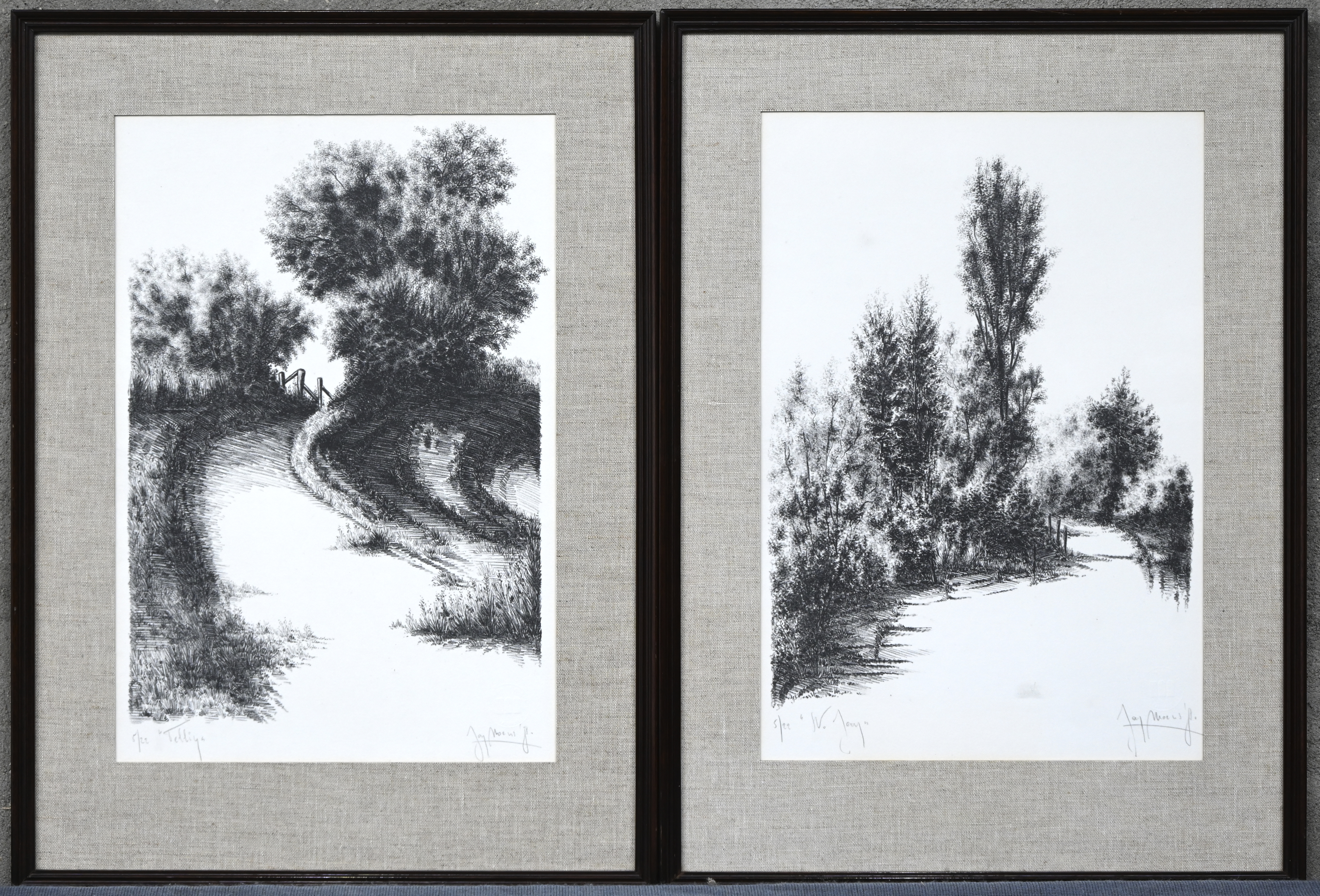 “Landschappen”. Een paar litho’s. Gesigneerd en genummerd 5/22 buiten de plaat. Gedrukt in het Masereelcentrum te Kasterlee “Landschappen”. Een paar litho’s. Gesigneerd en genummerd 5/22 buiten de plaat. Gedrukt in het Masereelcentrum te Kasterlee.