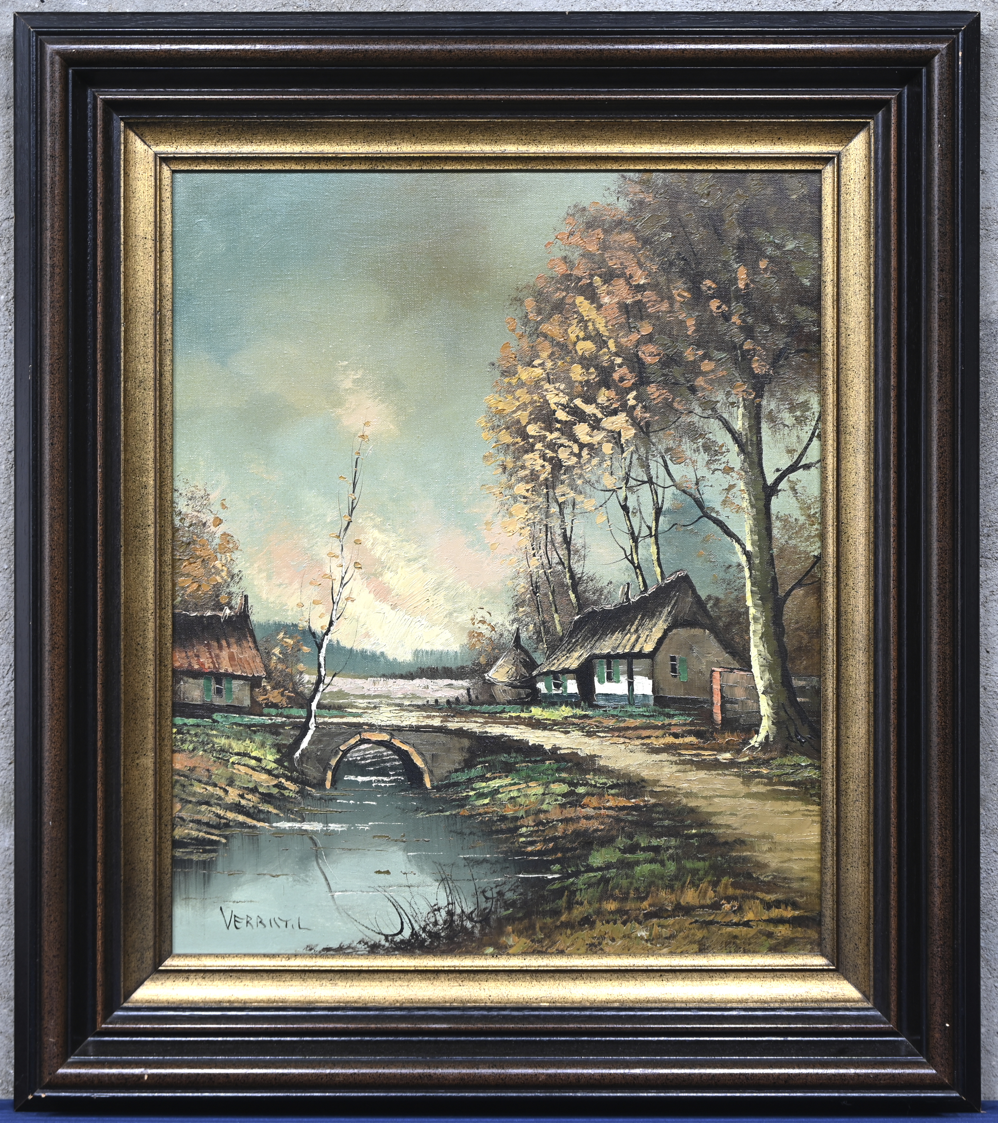 “Hoevelandschap met rivier”. Een schilderij, olieverf op doek. Onderaan gesigneerd “Hoevelandschap met rivier”. Een schilderij, olieverf op doek. Onderaan gesigneerd.