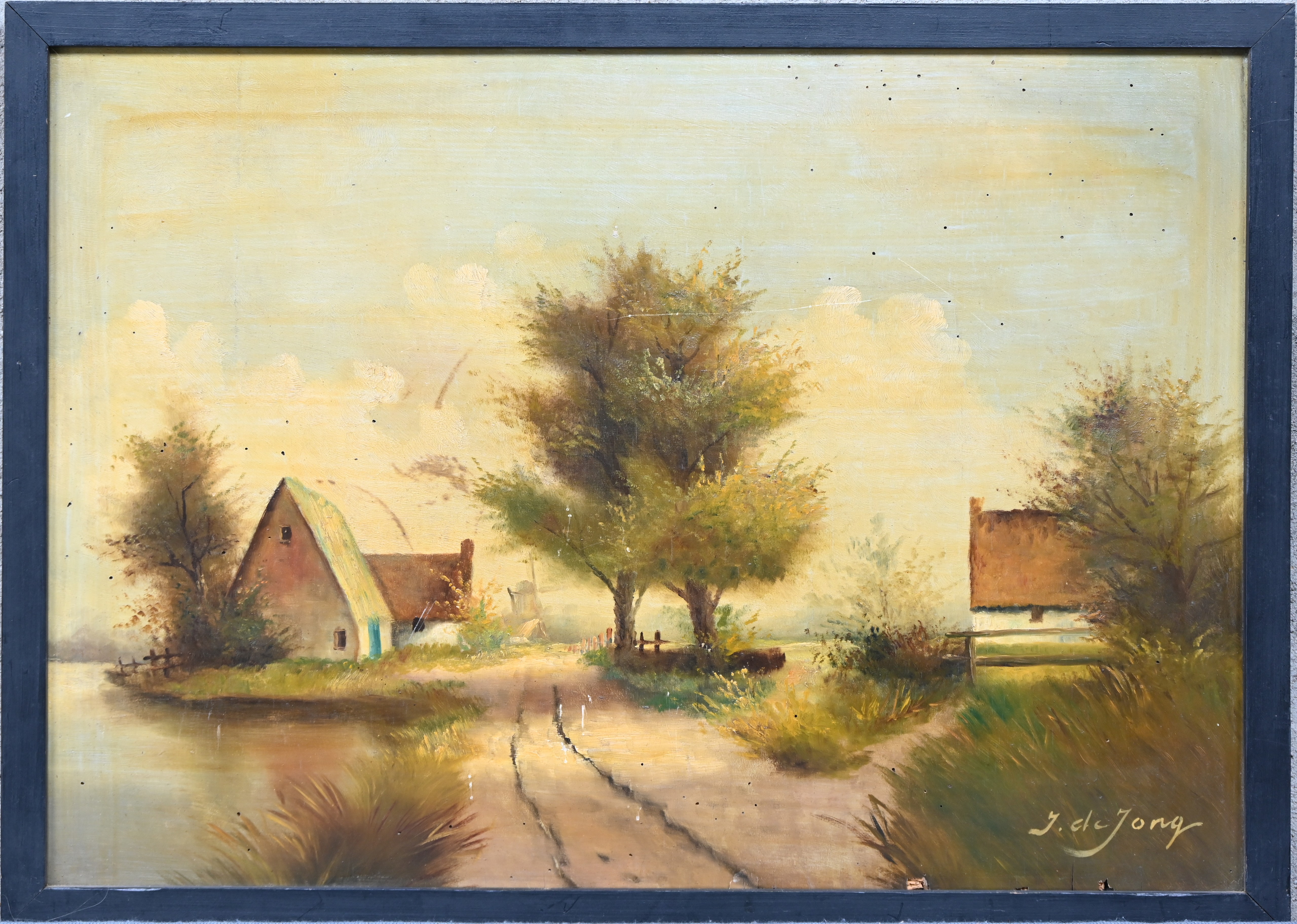 “Hoevezicht”. Een schilderij, olieverf op paneel. Onderaan gesigneerd. Houtworm schade “Hoevezicht”. Een schilderij, olieverf op paneel. Onderaan gesigneerd. Houtworm schade.