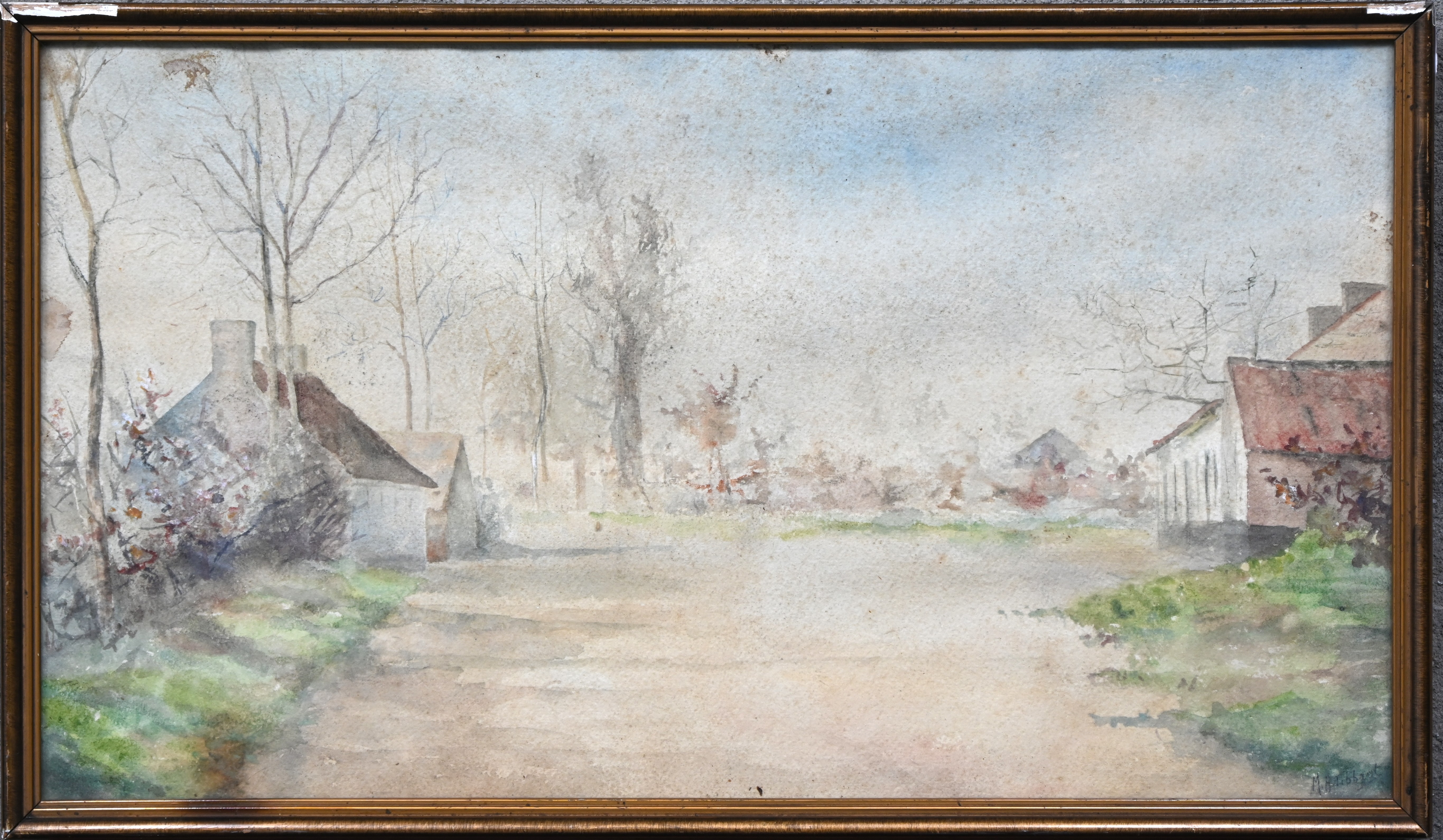 “Hoevelandschap”. Een schilderij, aquarel op papier. Onderaan gesigneerd “Hoevelandschap”. Een schilderij, aquarel op papier. Onderaan gesigneerd.