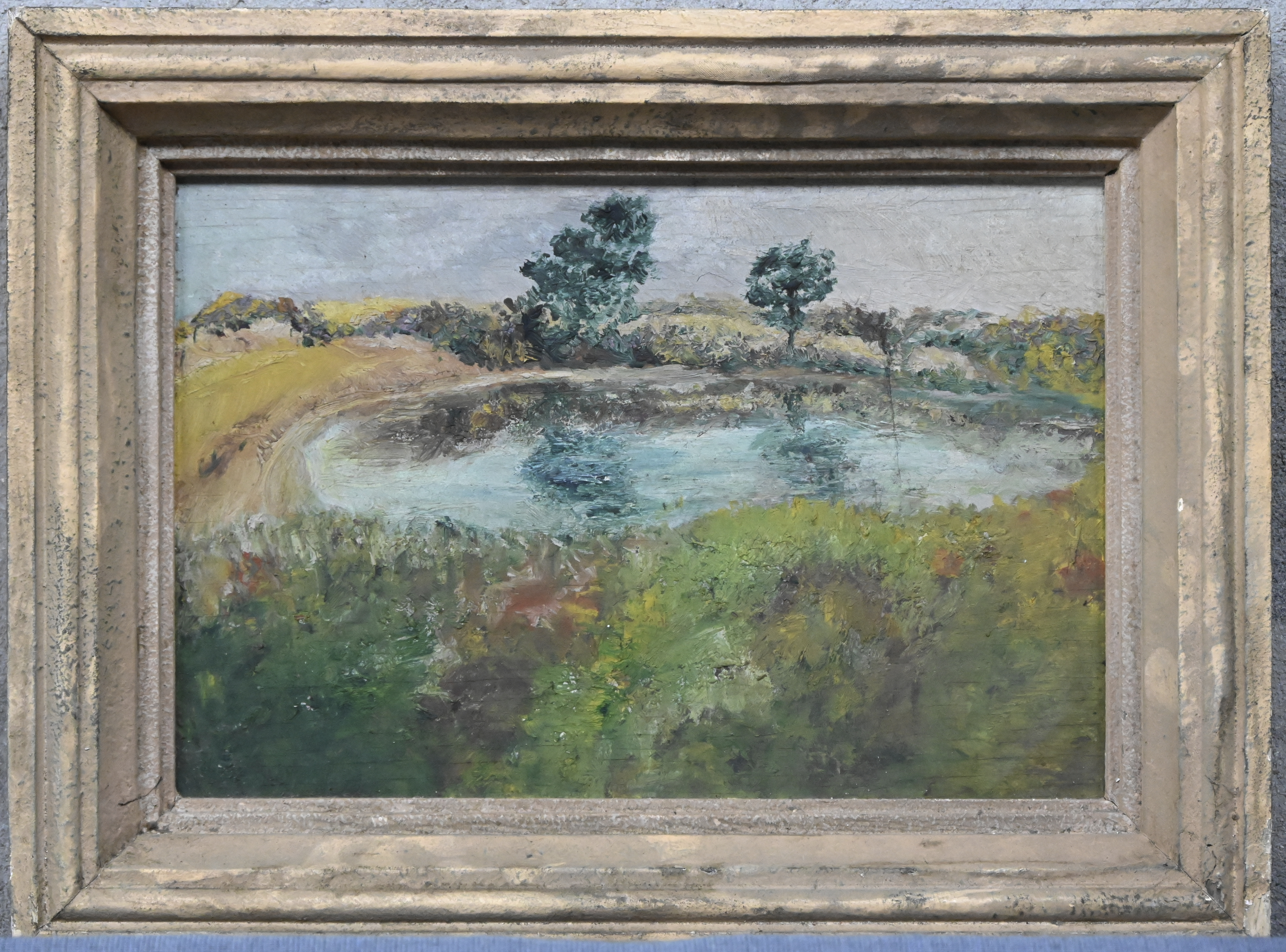 “Landschap met vijver”. Een schilderij, olieverf op paneel “Landschap met vijver”. Een schilderij, olieverf op paneel.