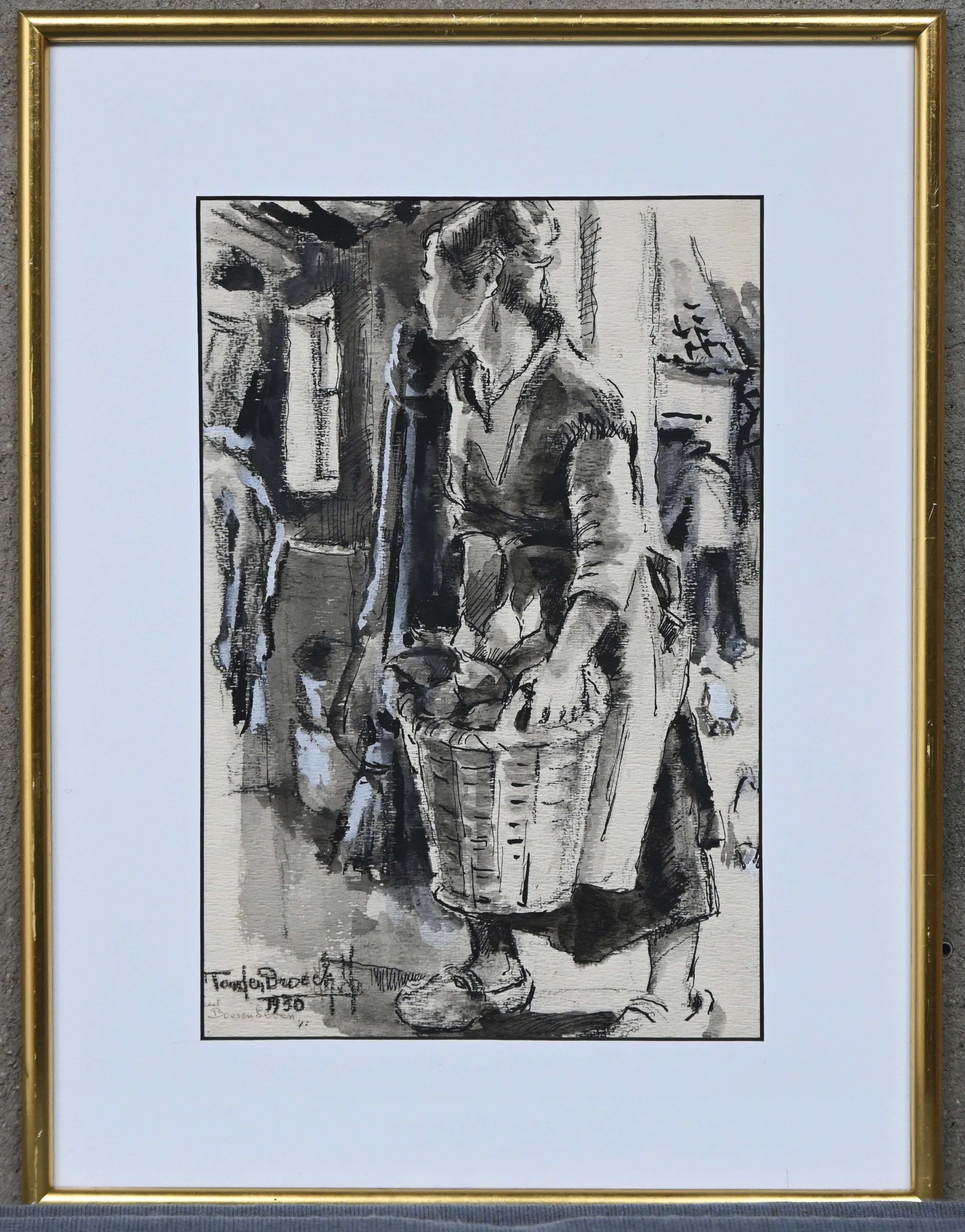 “Boerenleven”. Een schilderij, gemengde techniek op papier. Onderaan gesigneerd “Boerenleven”. Een schilderij, gemengde techniek op papier. Onderaan gesigneerd.