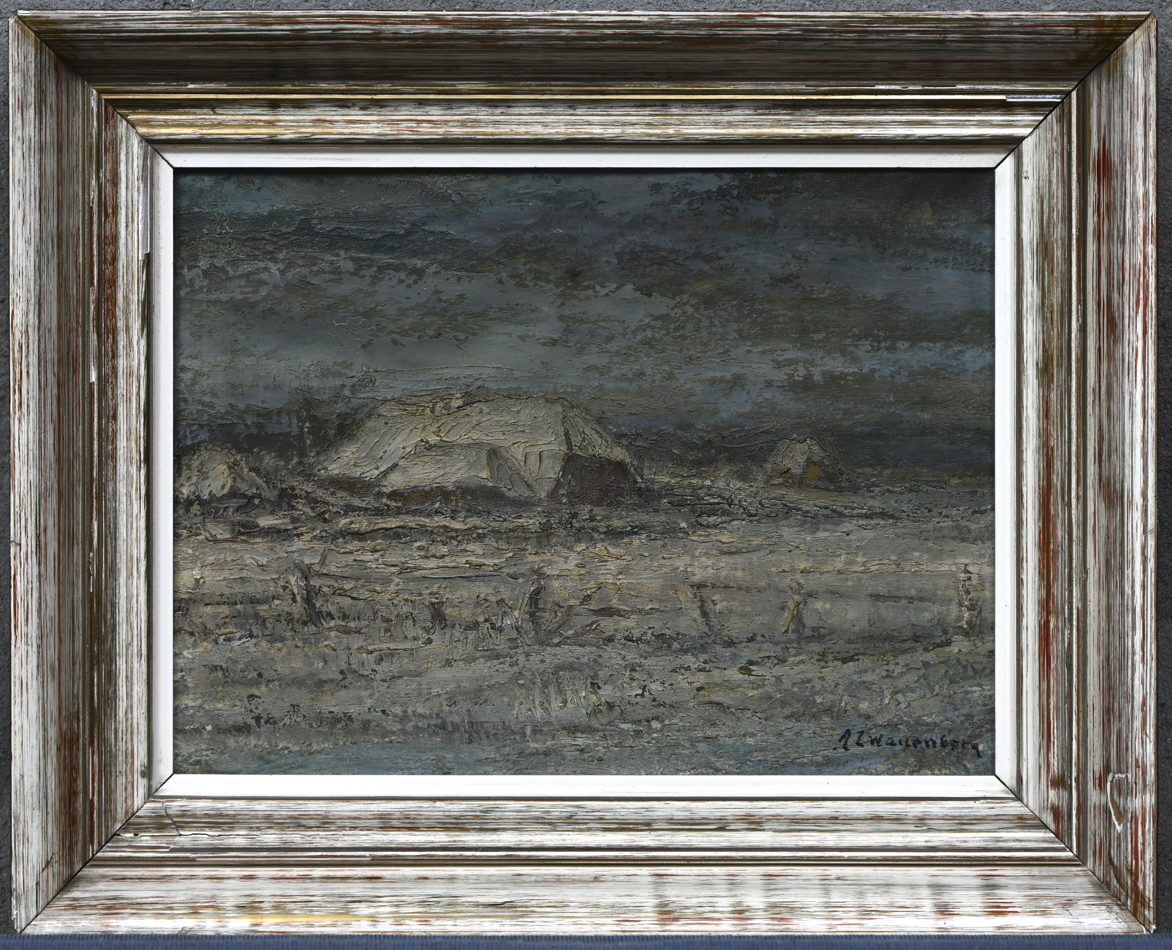 “Hoevezicht”. Een schilderij, olieverf op doek. Onderaan gesigneerd “Hoevezicht”. Een schilderij, olieverf op doek. Onderaan gesigneerd.