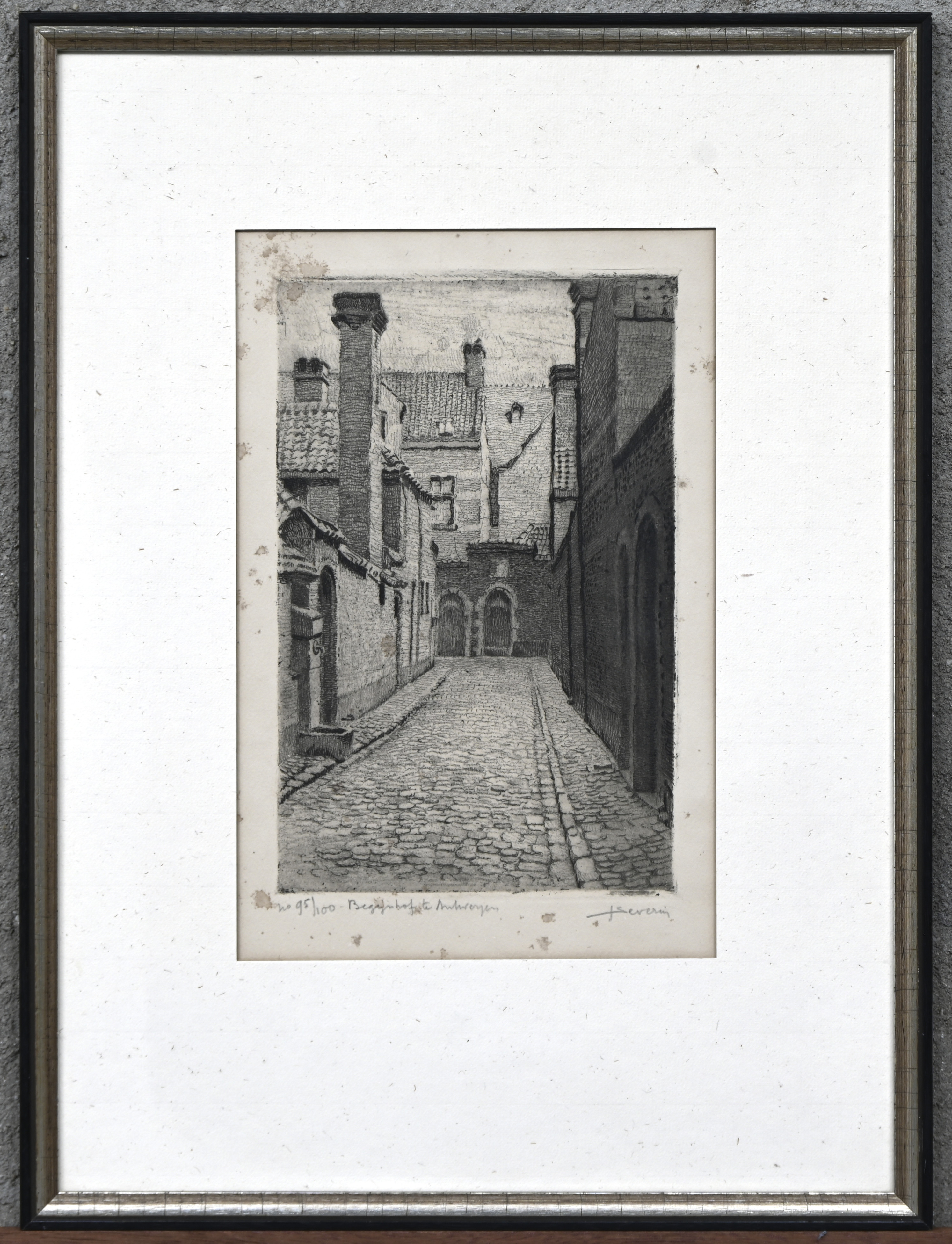 “Begijnhof te Antwerpen.” Ets, genummerd 95/100. Gesigneerd buiten de plaat “Begijnhof te Antwerpen.” Ets, genummerd 95/100. Gesigneerd buiten de plaat.
