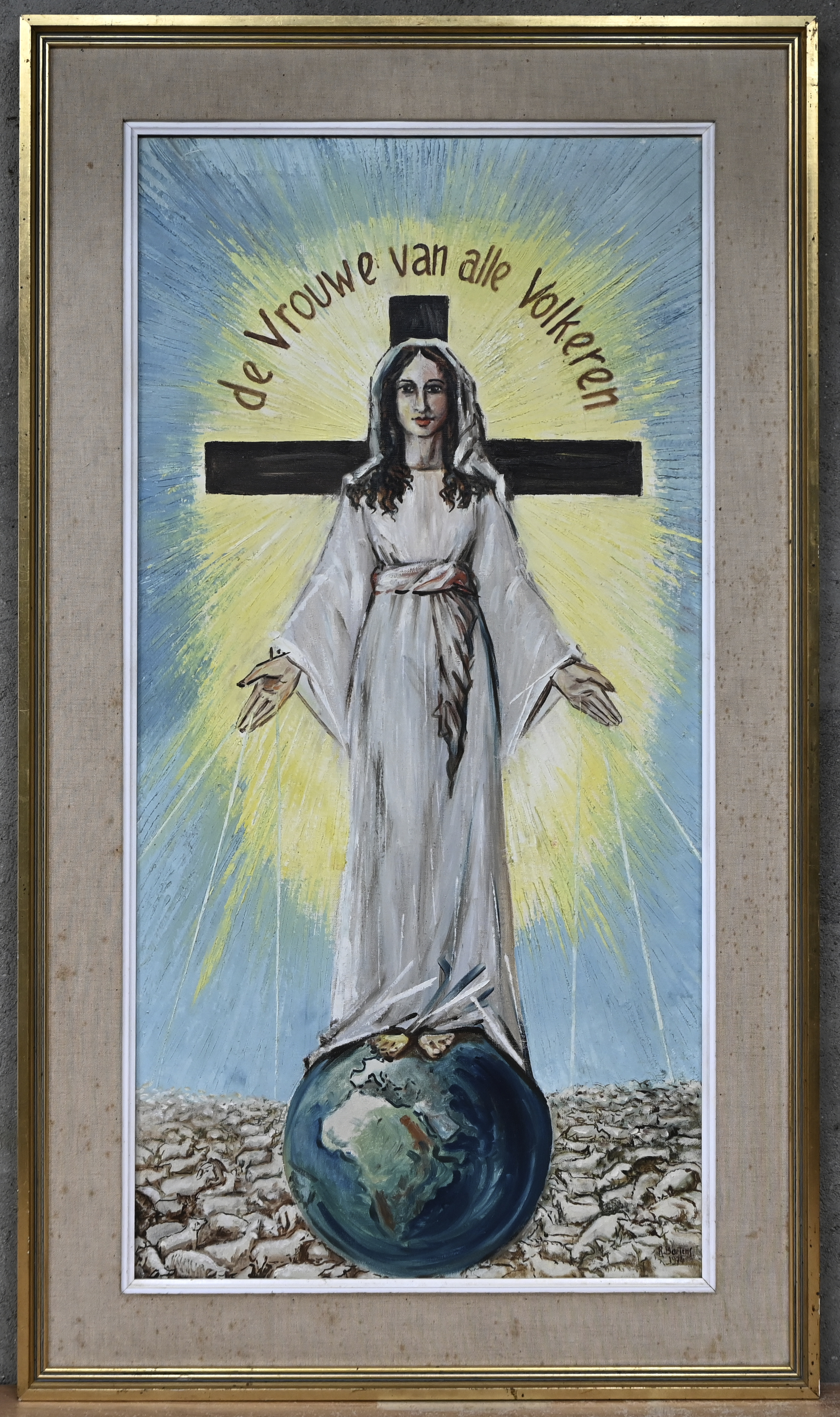 “De Vrouw van alle volkeren”. Een schilderij, olieverf op doek. Onderaan gesigneerd “De Vrouw van alle volkeren”. Een schilderij, olieverf op doek. Onderaan gesigneerd.
