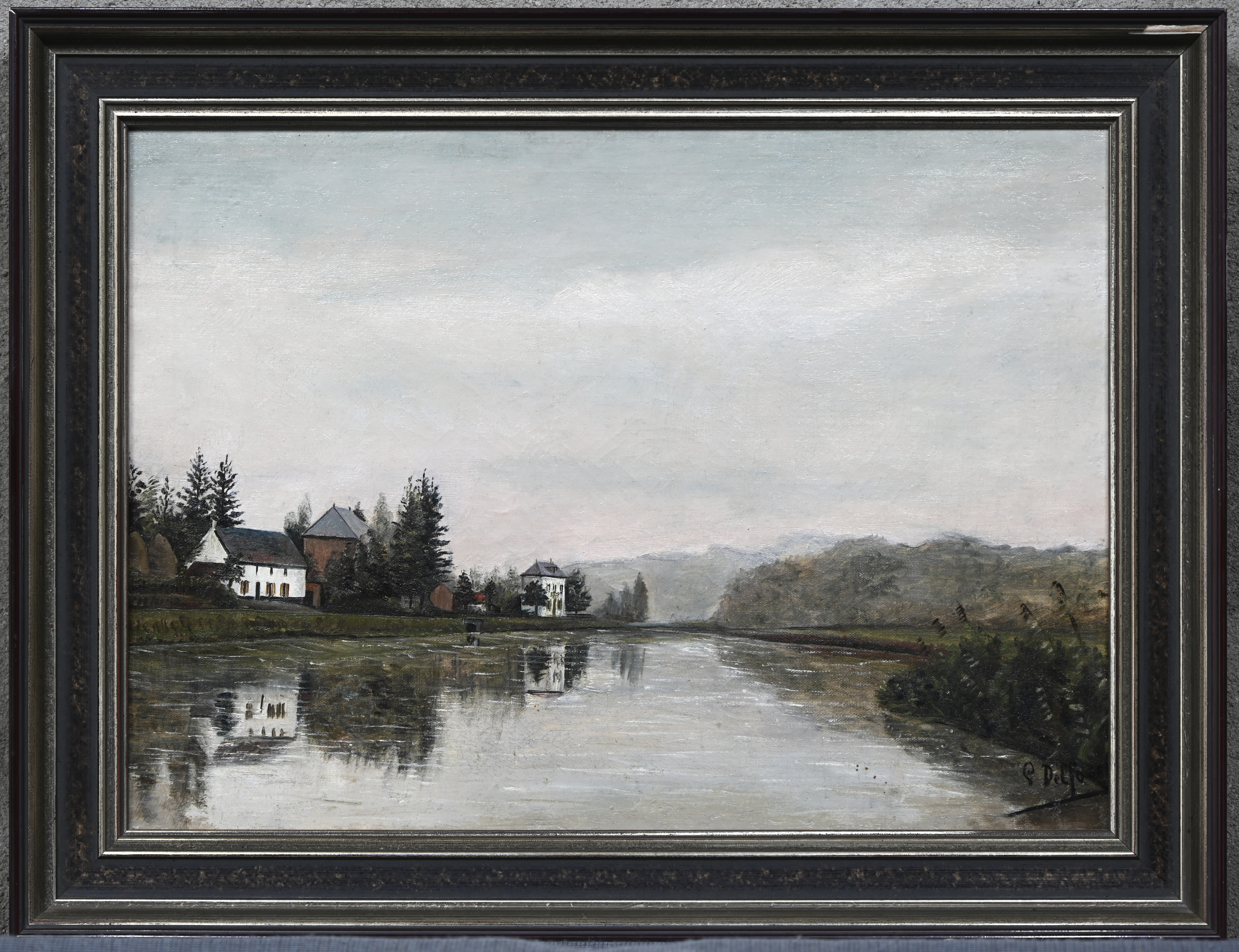 “Rivierzicht”. Een schilderij, olieverf op doek. Onderaan gesigneerd “Rivierzicht”. Een schilderij, olieverf op doek. Onderaan gesigneerd.