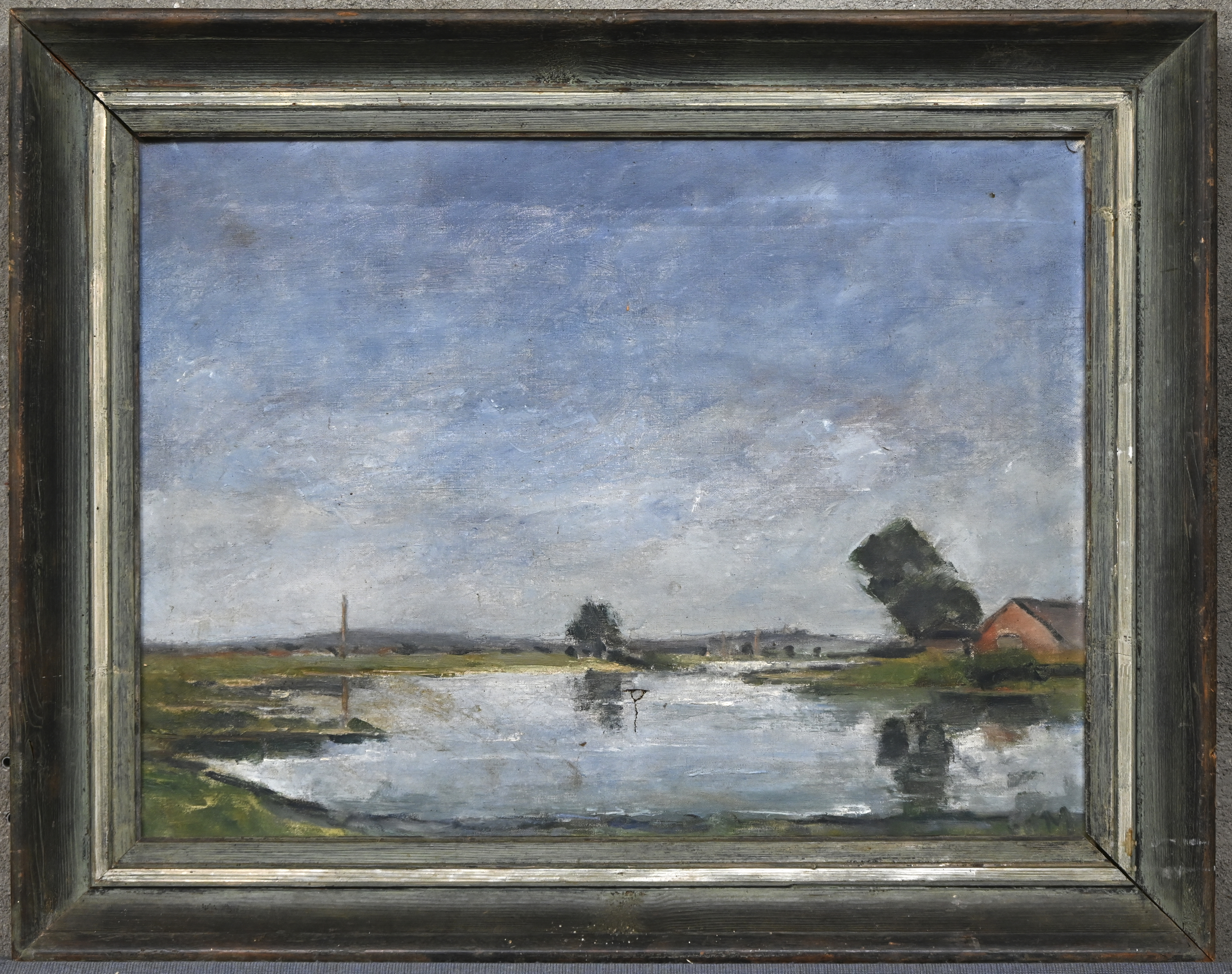 “Polderlandschap”. Een schilderij, olieverf op doek. Onderaan monogram. Lichte verfschade “Polderlandschap”. Een schilderij, olieverf op doek. Onderaan monogram. Lichte verfschade.