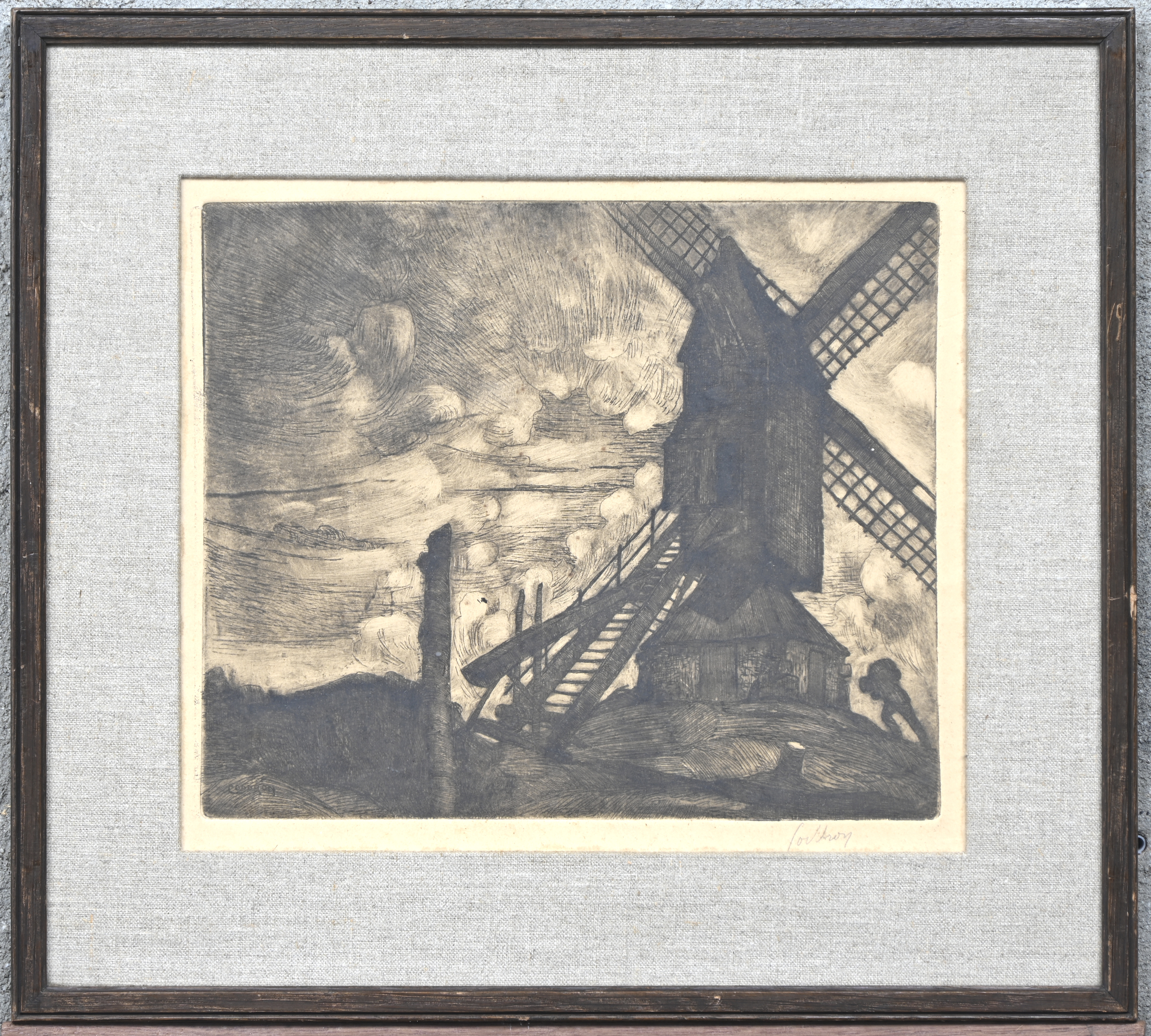 ‘Bij de molen’, ets op papier, gesigneerd binnen alsook buiten de plaat ‘Coddron’ ‘Bij de molen’, ets op papier, gesigneerd binnen alsook buiten de plaat ‘Coddron’.