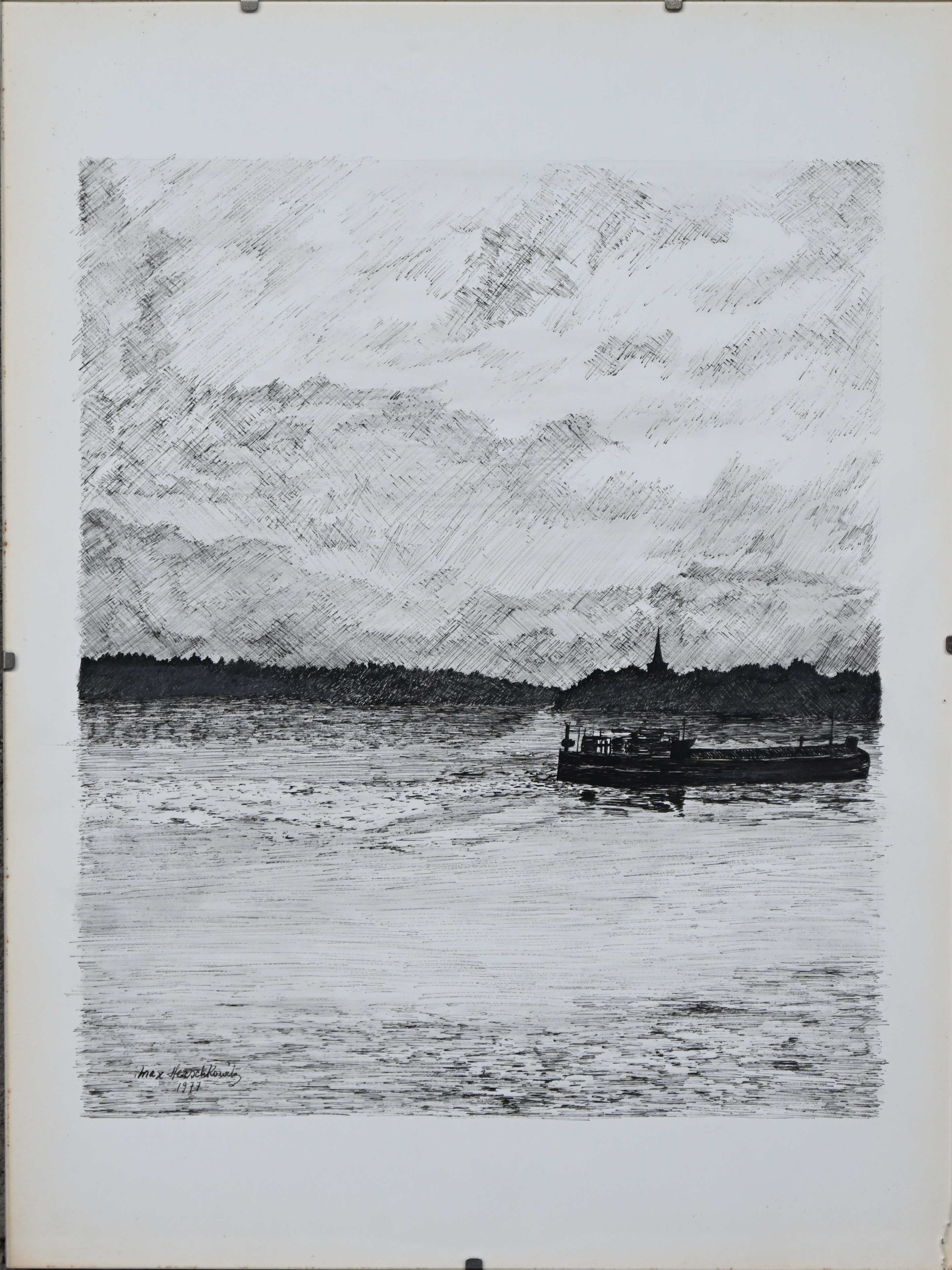 “Rivierzicht met boot”. Een litho op papier. Binnen de plaat gesigneerd “Rivierzicht met boot”. Een litho op papier. Binnen de plaat gesigneerd.