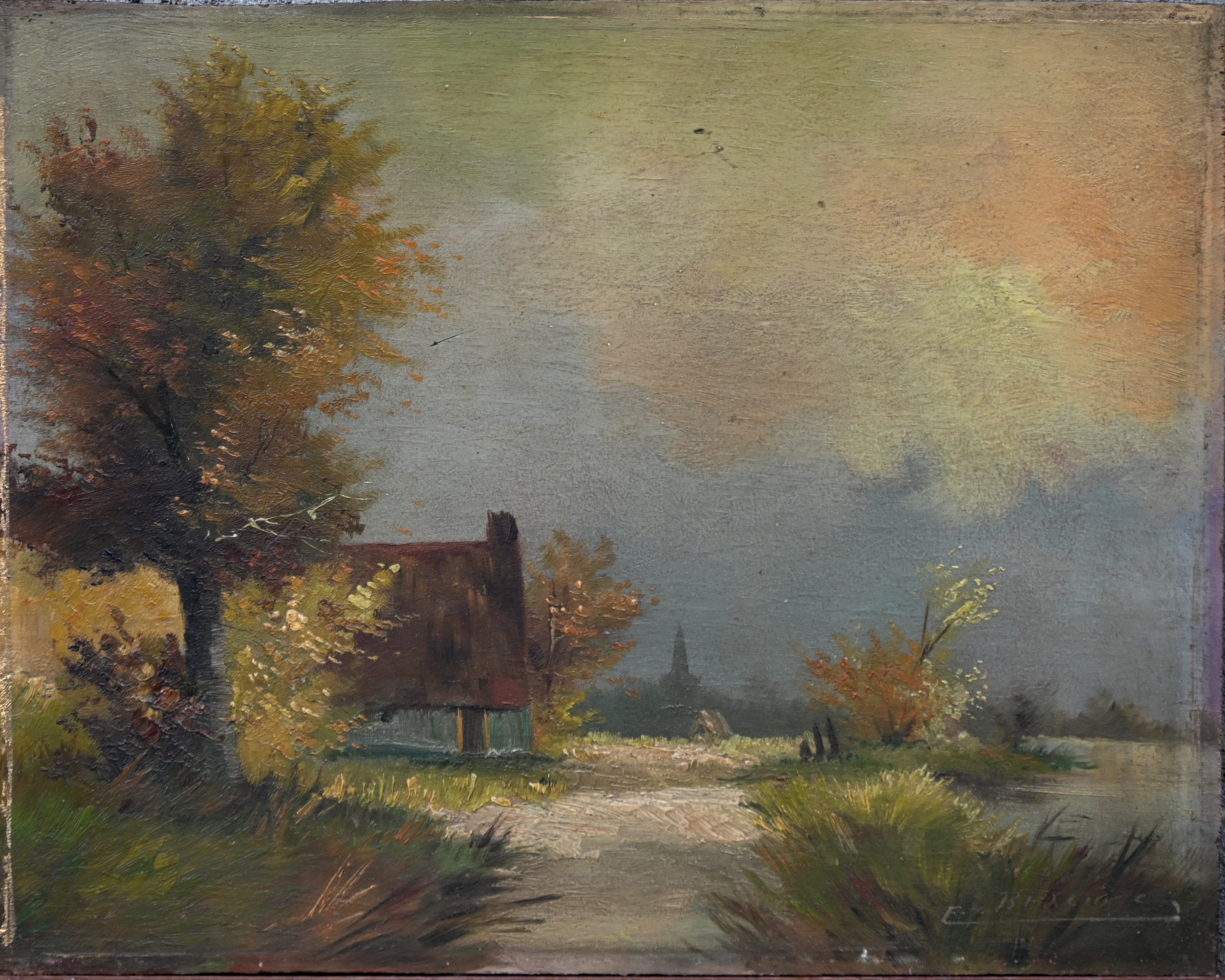 “Landschap met rivierzicht”. Een schilderij, olieverf op paneel. Onderaan gesigneerd “Landschap met rivierzicht”. Een schilderij, olieverf op paneel. Onderaan gesigneerd.