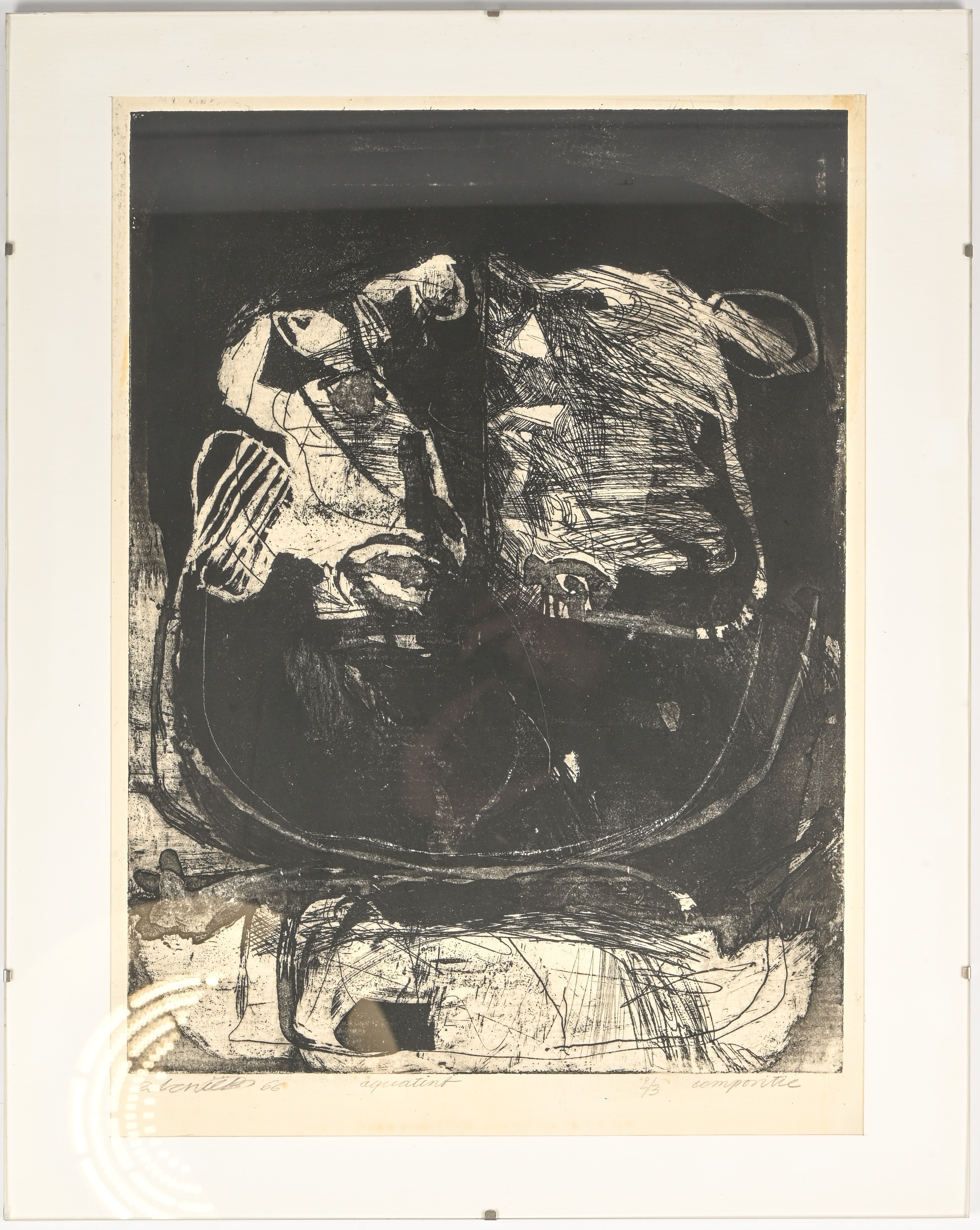 “Compositie”. een aquatint op papier, genummerd 2/3, onleesbaar gesigneerd en gedateerd 1966 “Compositie”. een aquatint op papier, genummerd 2/3, onleesbaar gesigneerd en gedateerd 1966.