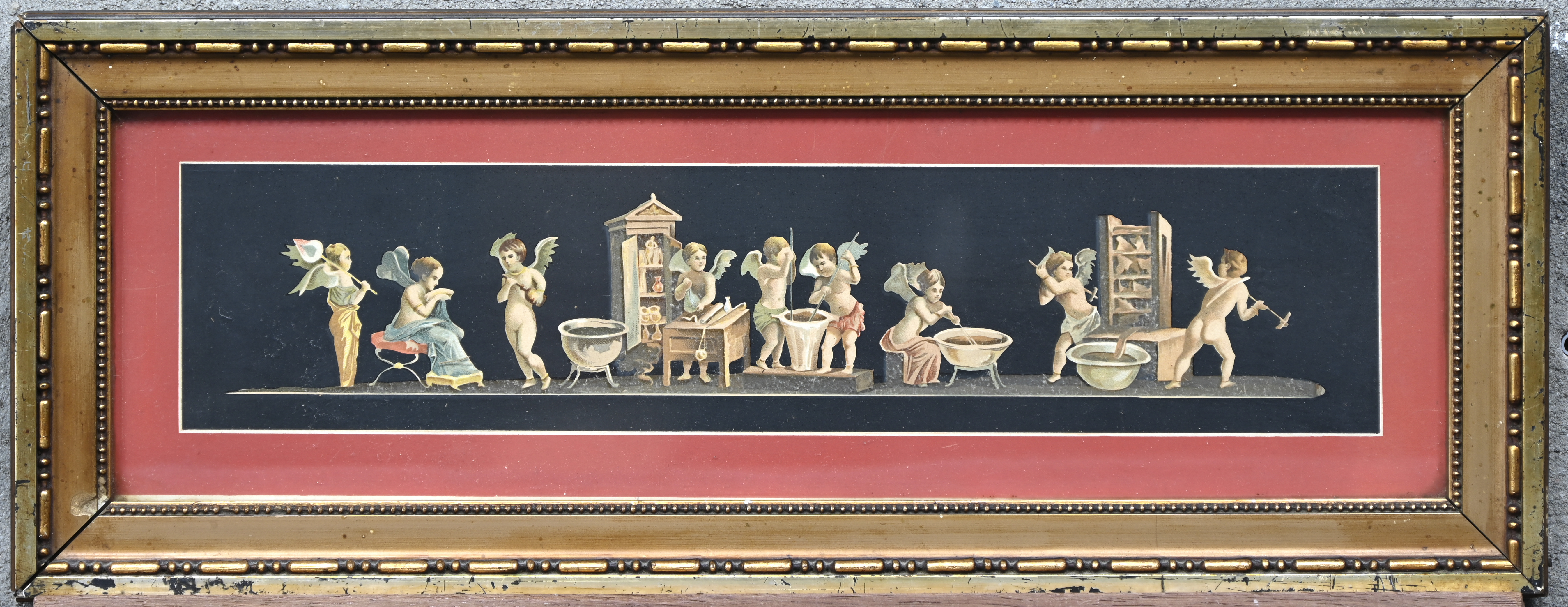 “Pompeii Putti”. Een Italiaanse fresco, kleurenlitho op papier “Pompeii Putti”. Een Italiaanse fresco, kleurenlitho op papier.