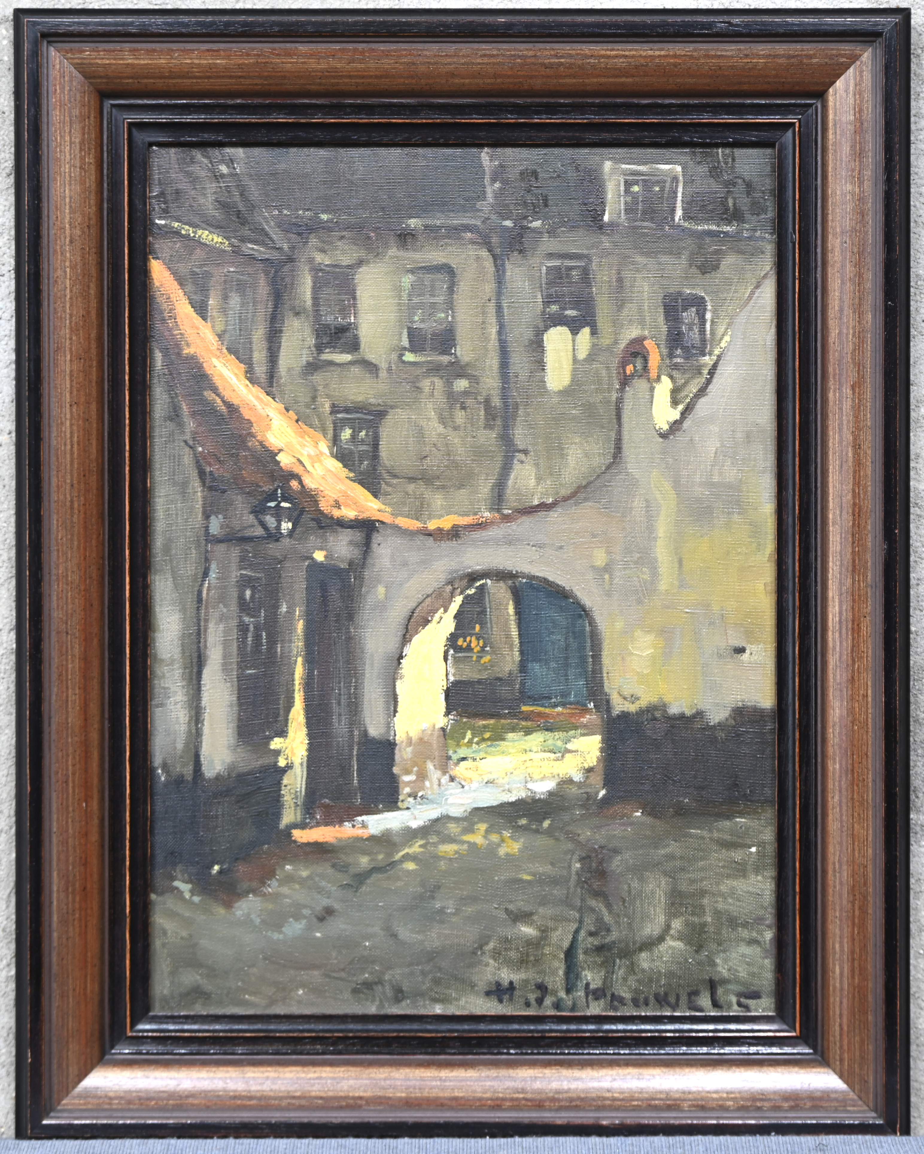 “Steegje”. Een schilderij, olieverf op doek, onderaan gesigneerd “Steegje”. Een schilderij, olieverf op doek, onderaan gesigneerd.