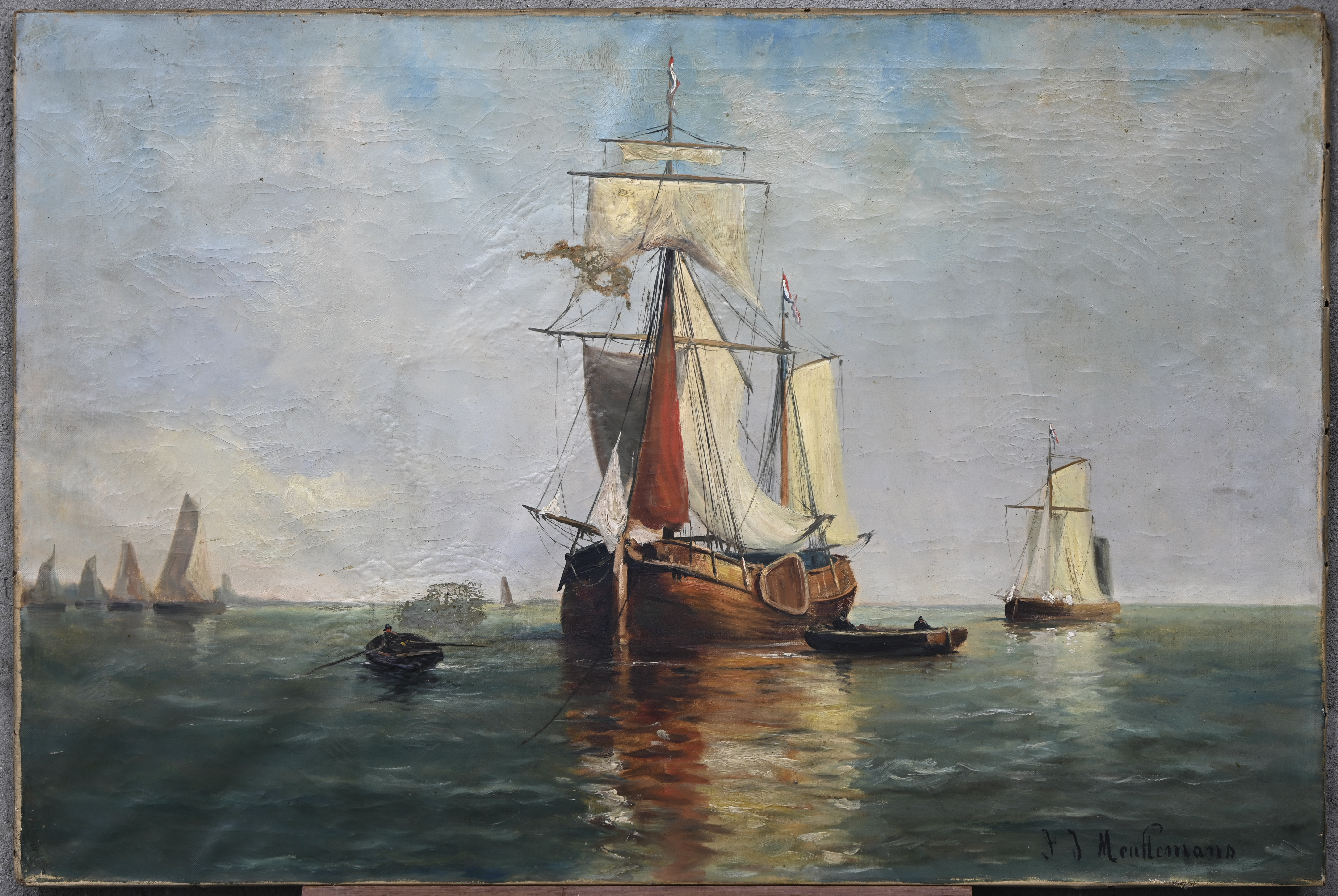 “Marine”. Een schilderij, olieverf op doek, onderaan gesigneerd. Twee resauraties achteraan “Marine”. Een schilderij, olieverf op doek, onderaan gesigneerd. Twee resauraties achteraan.