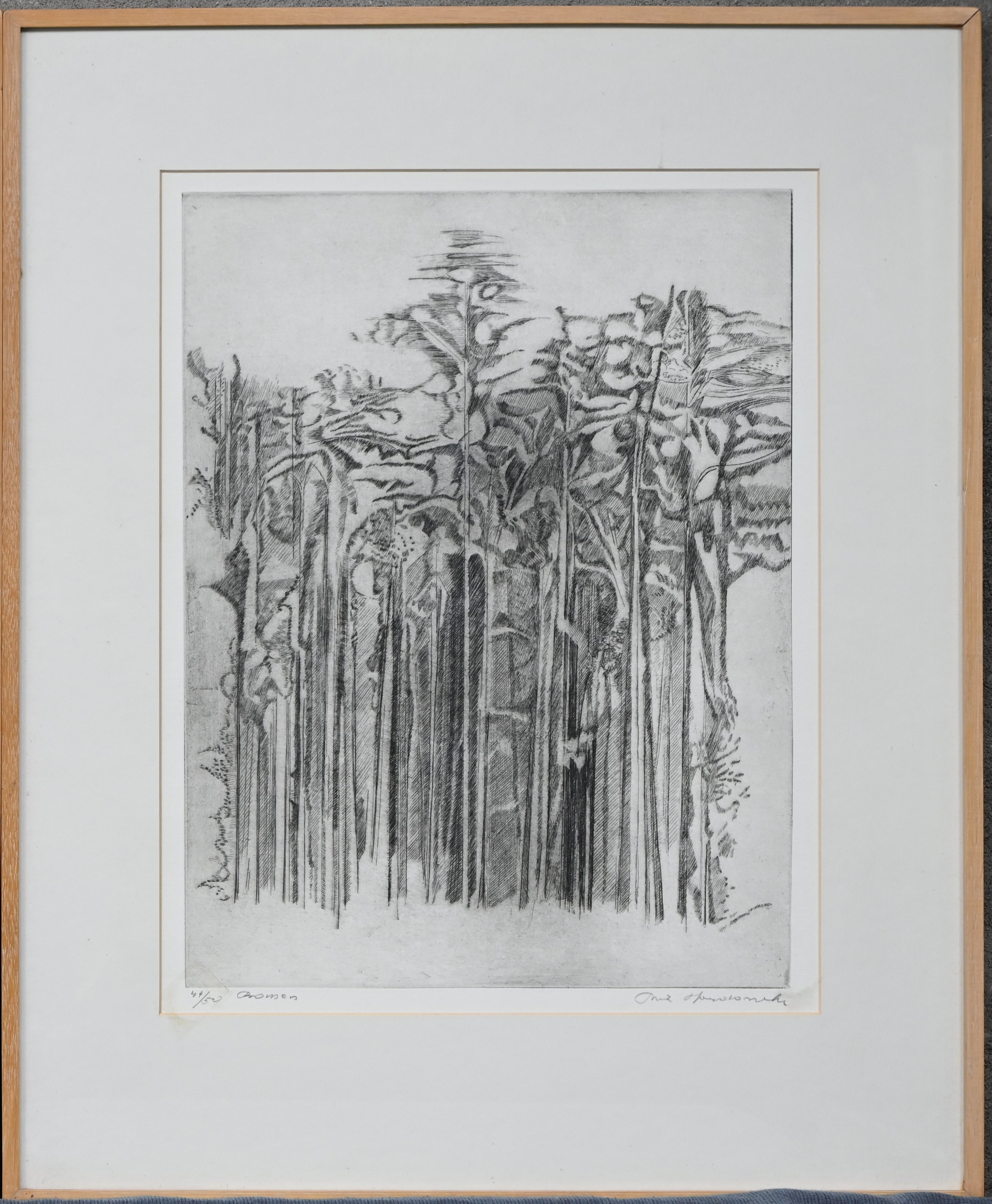 “Bomen”. Gravure. Gesigneerd en genummerd 44/50 buiten de plaat. 1 kader te herstellen “Bomen”. Gravure. Gesigneerd en genummerd 44/50 buiten de plaat. 1 kader te herstellen.