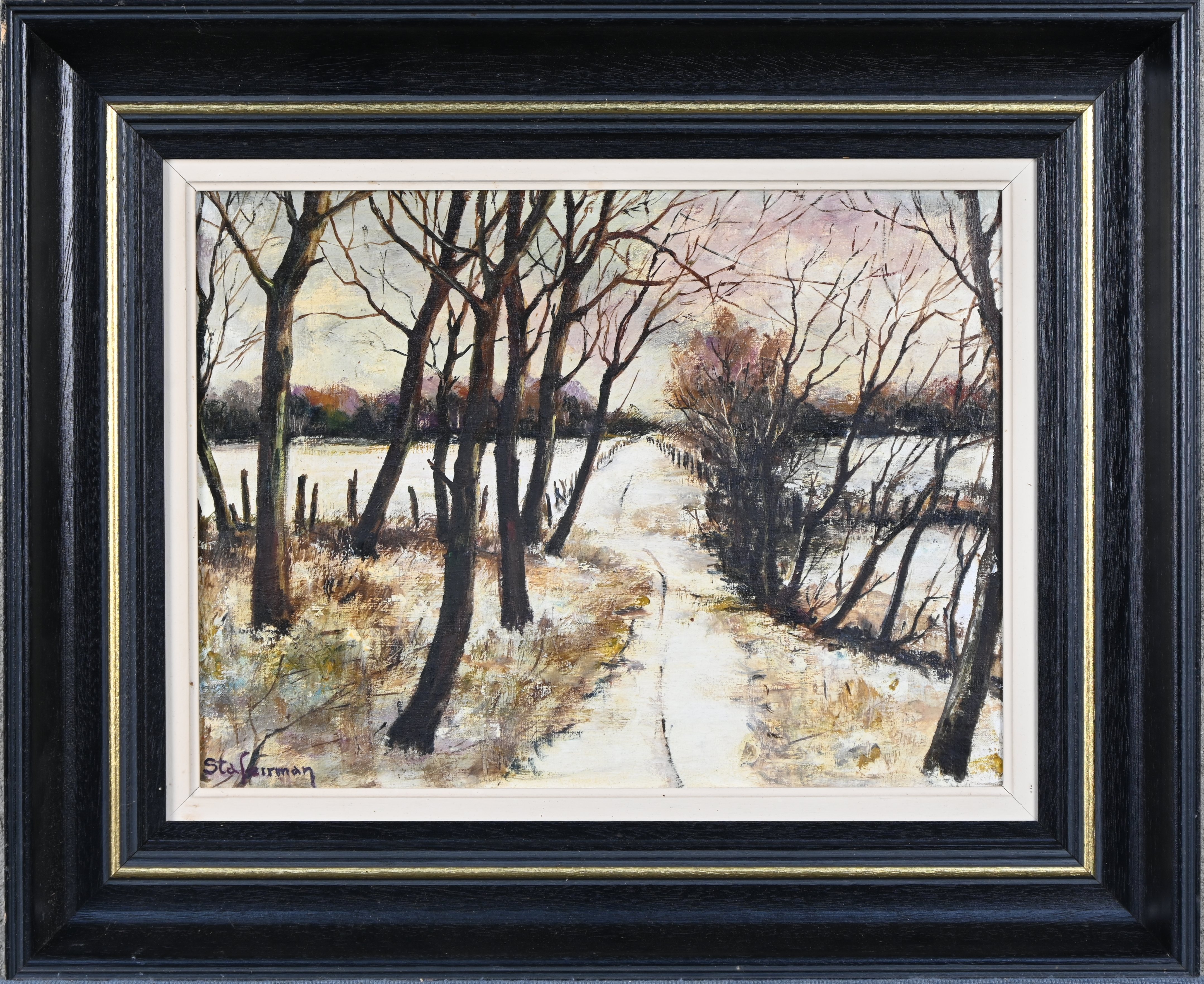 ‘Winterlandschap’. Olieverf op paneel, getekend; Stafeirman ‘Winterlandschap’. Olieverf op paneel, getekend; Stafeirman.