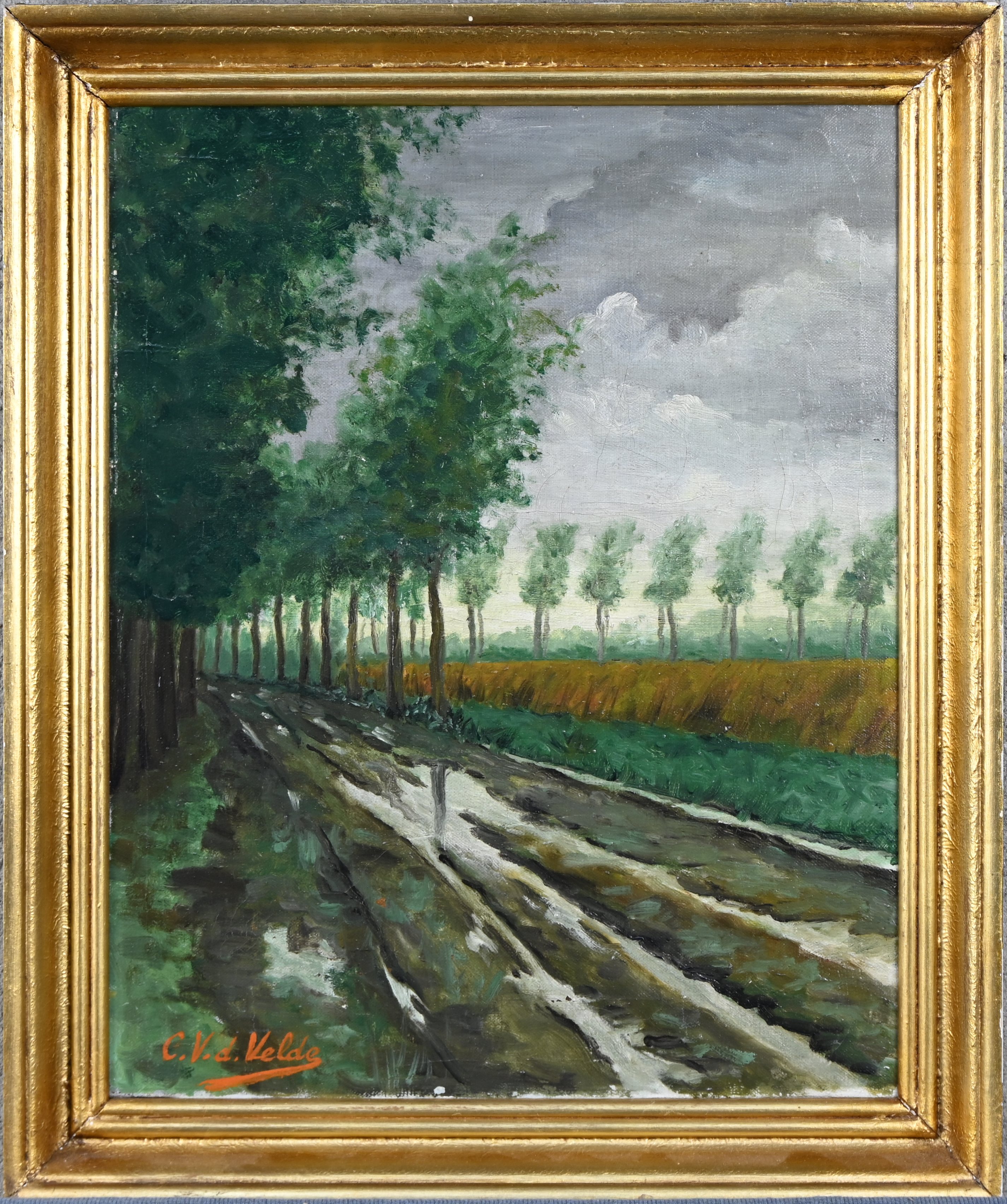 Landweg bij stormweer. Olieverf op doek getekend; C.V.D. Velde Landweg bij stormweer. Olieverf op doek getekend; C.V.D. Velde.