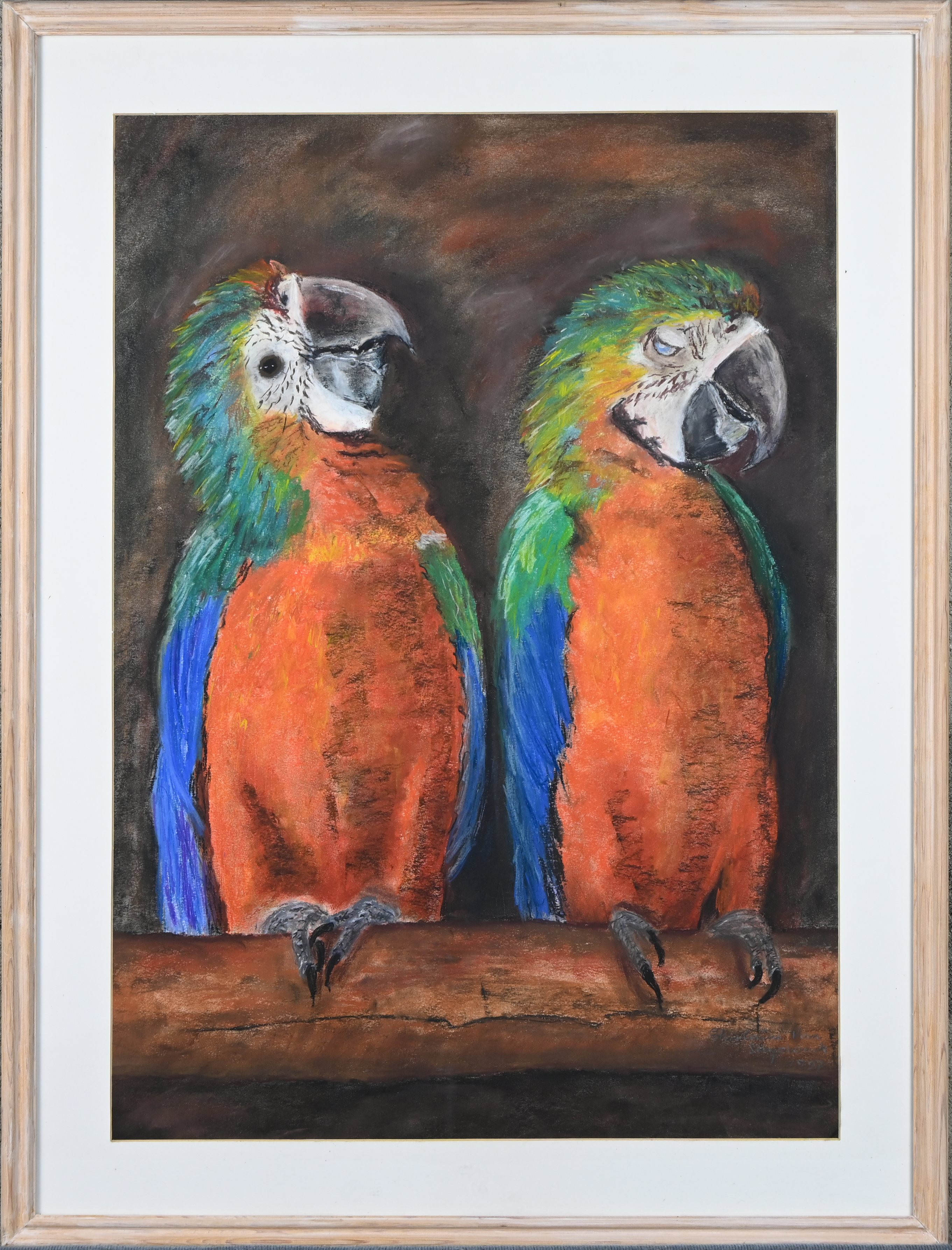 ‘Twee Papegaaien’, tekening in gemengde techniek. Getekend; Ghislaine Van Strydonck, 1977 ‘Twee Papegaaien’, tekening in gemengde techniek. Getekend; Ghislaine Van Strydonck, 1977.