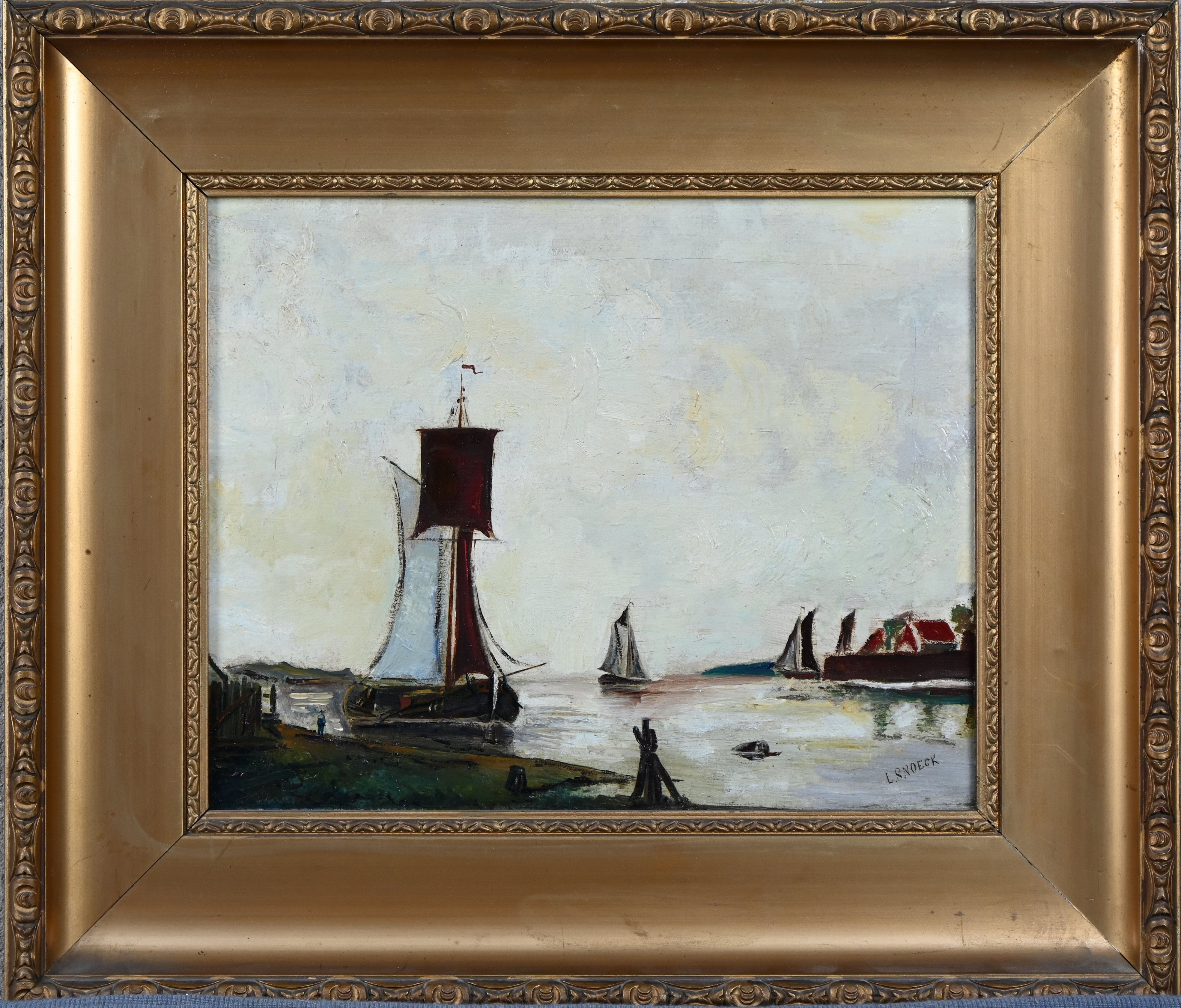 Platbodems in de vaart’, olieverf op doek. Getekend; L. Snoeck Platbodems in de vaart’, olieverf op doek. Getekend; L. Snoeck.