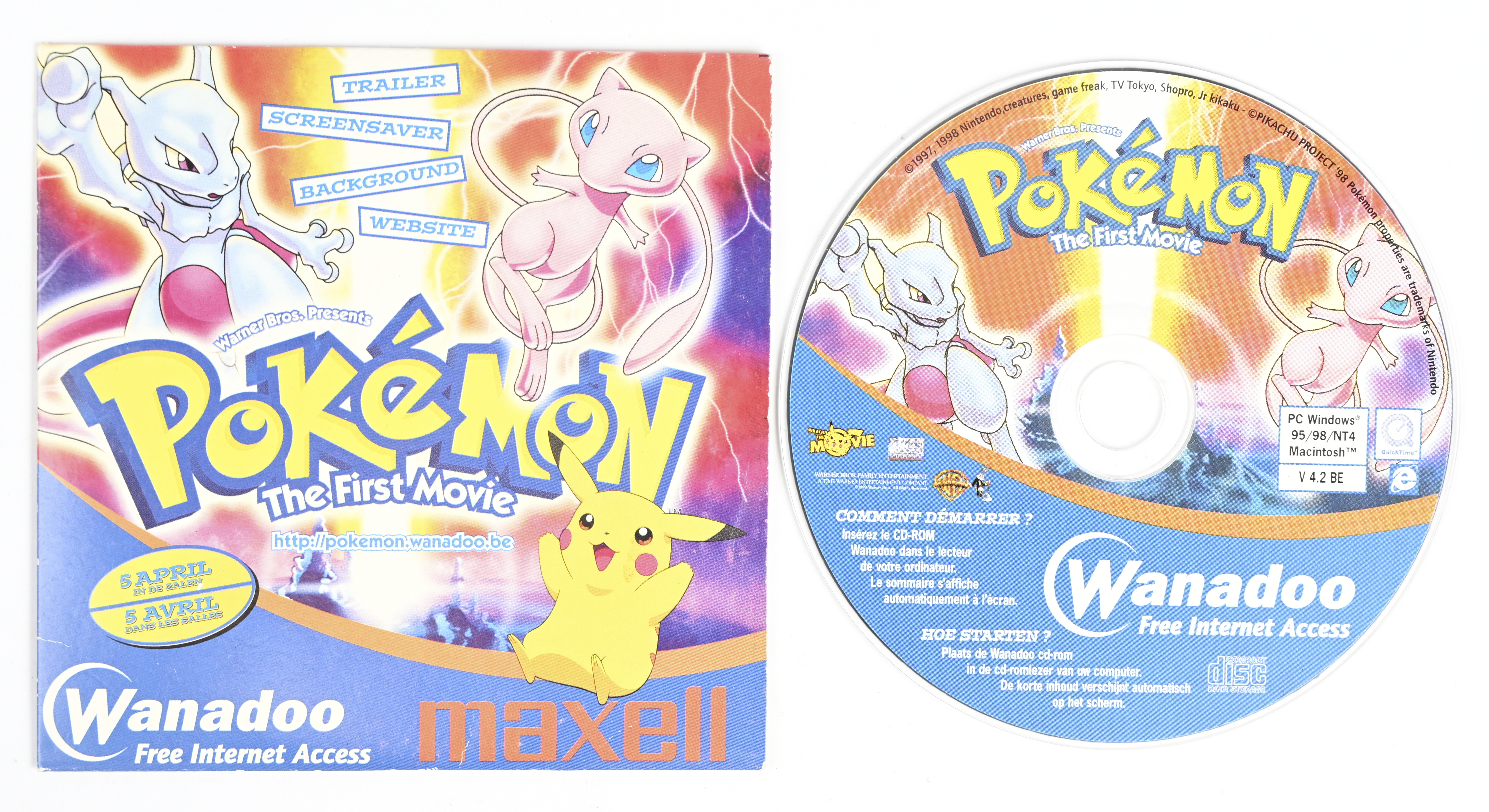 Een CD-rom, Pokémon the first movie: trailer - screensaver - background - website. 1998 Een CD-rom, Pokémon the first movie: trailer - screensaver - background - website. 1998.