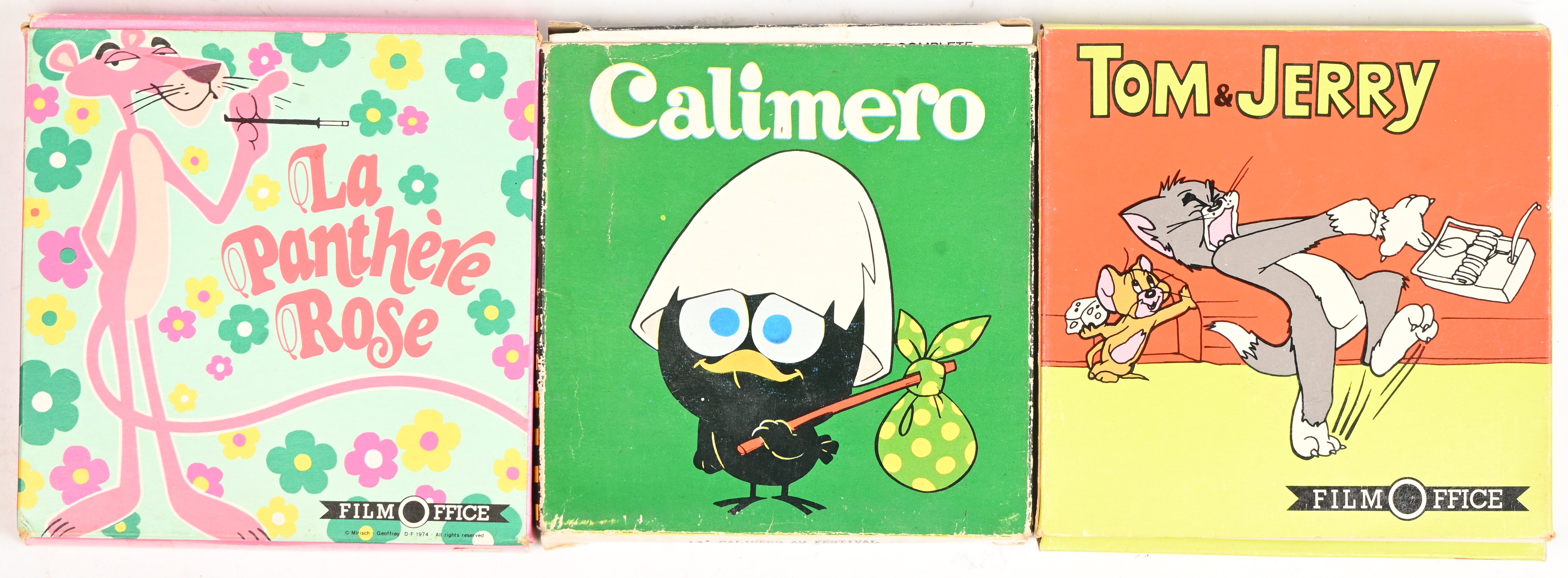 Drie vintage super 8 films. ‘Calimero’, ‘La Panthère Rose’ & ‘Tom & Jerry’. In OVP Drie vintage super 8 films. ‘Calimero’, ‘La Panthère Rose’ & ‘Tom & Jerry’. In OVP.