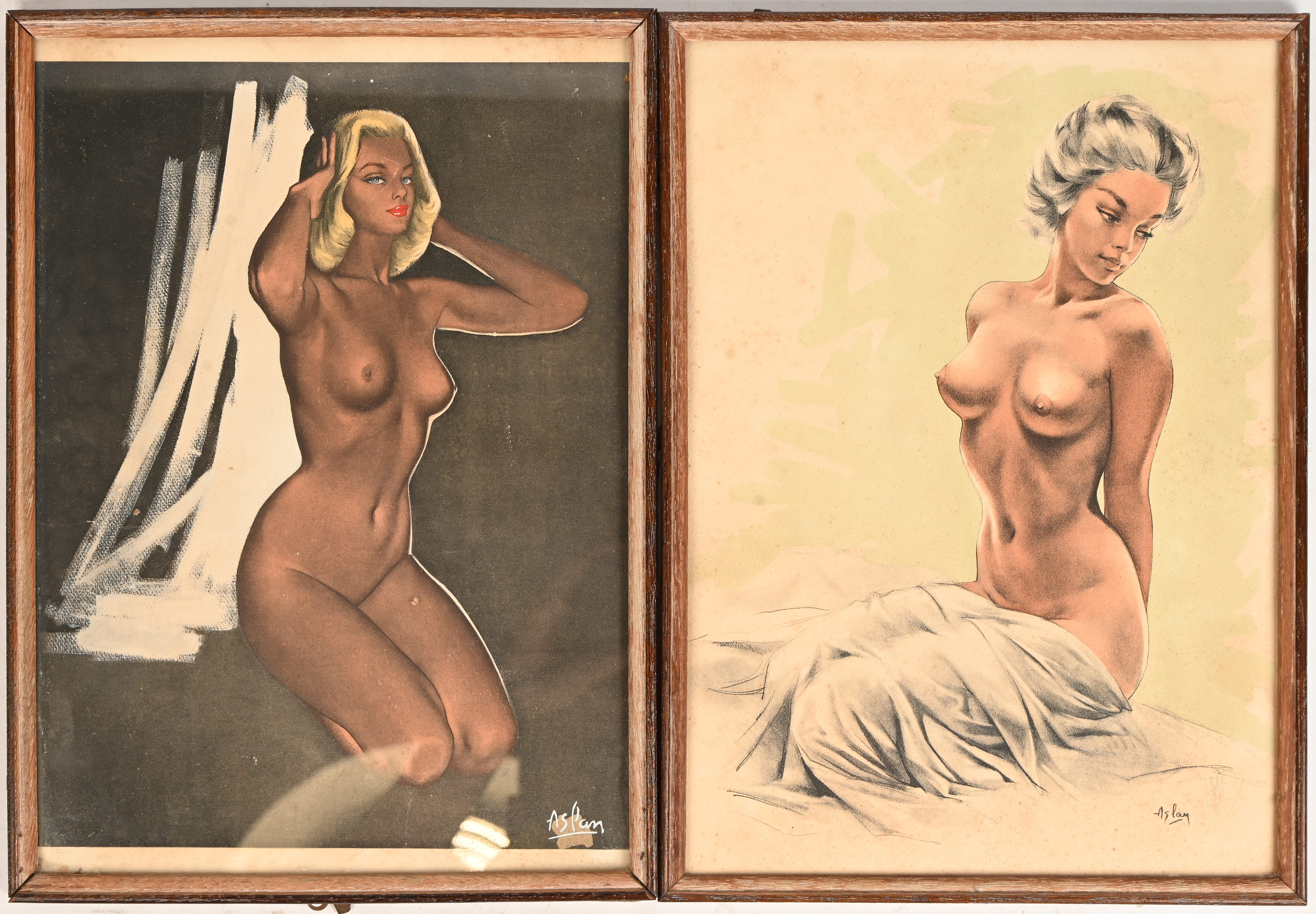 Twee vintage erotische prenten door Aslan Twee vintage erotische prenten door Aslan.