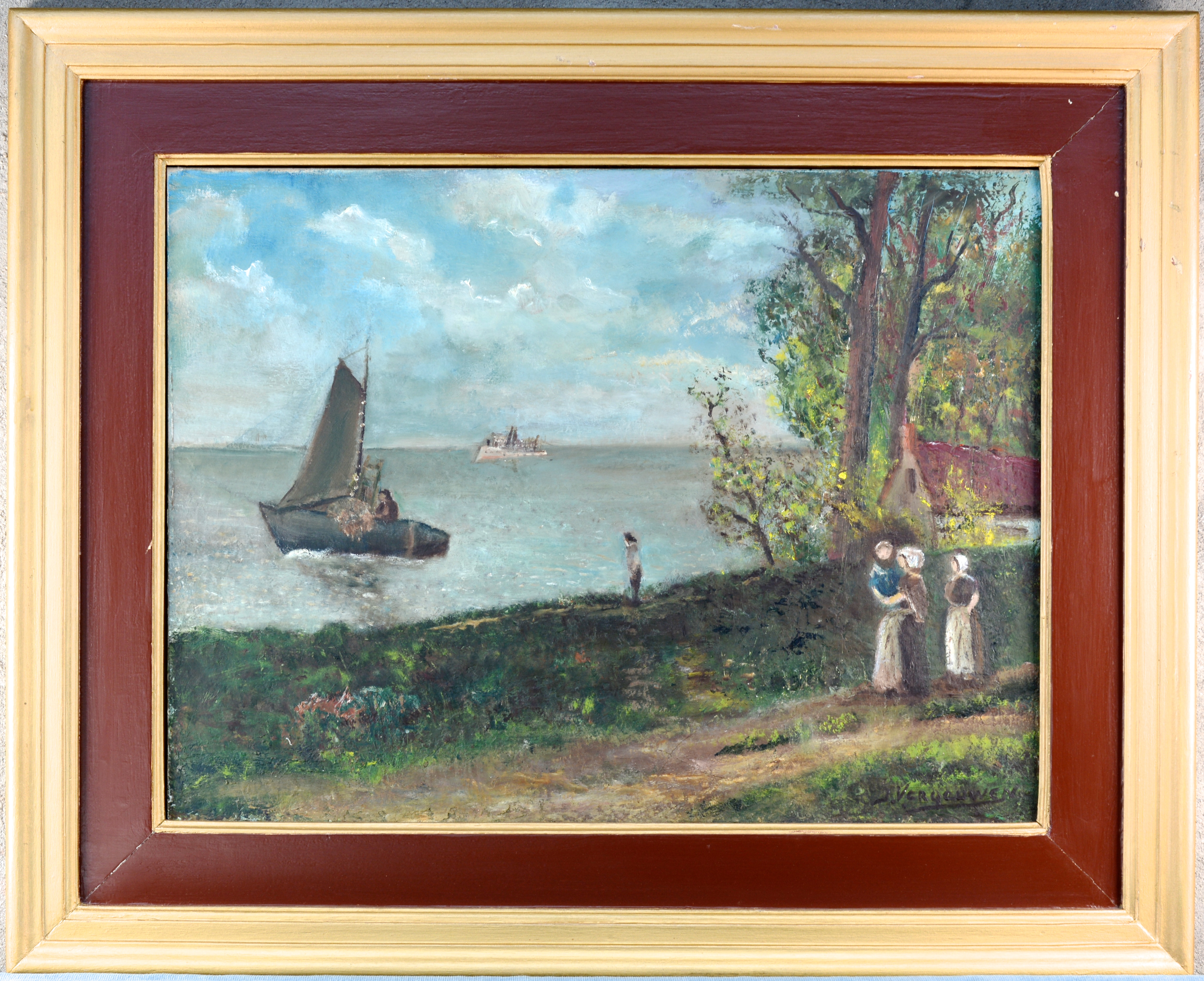 “Schepen aan de kust”. Olieverf op doek. Gesigneerd “Schepen aan de kust”. Olieverf op doek. Gesigneerd.