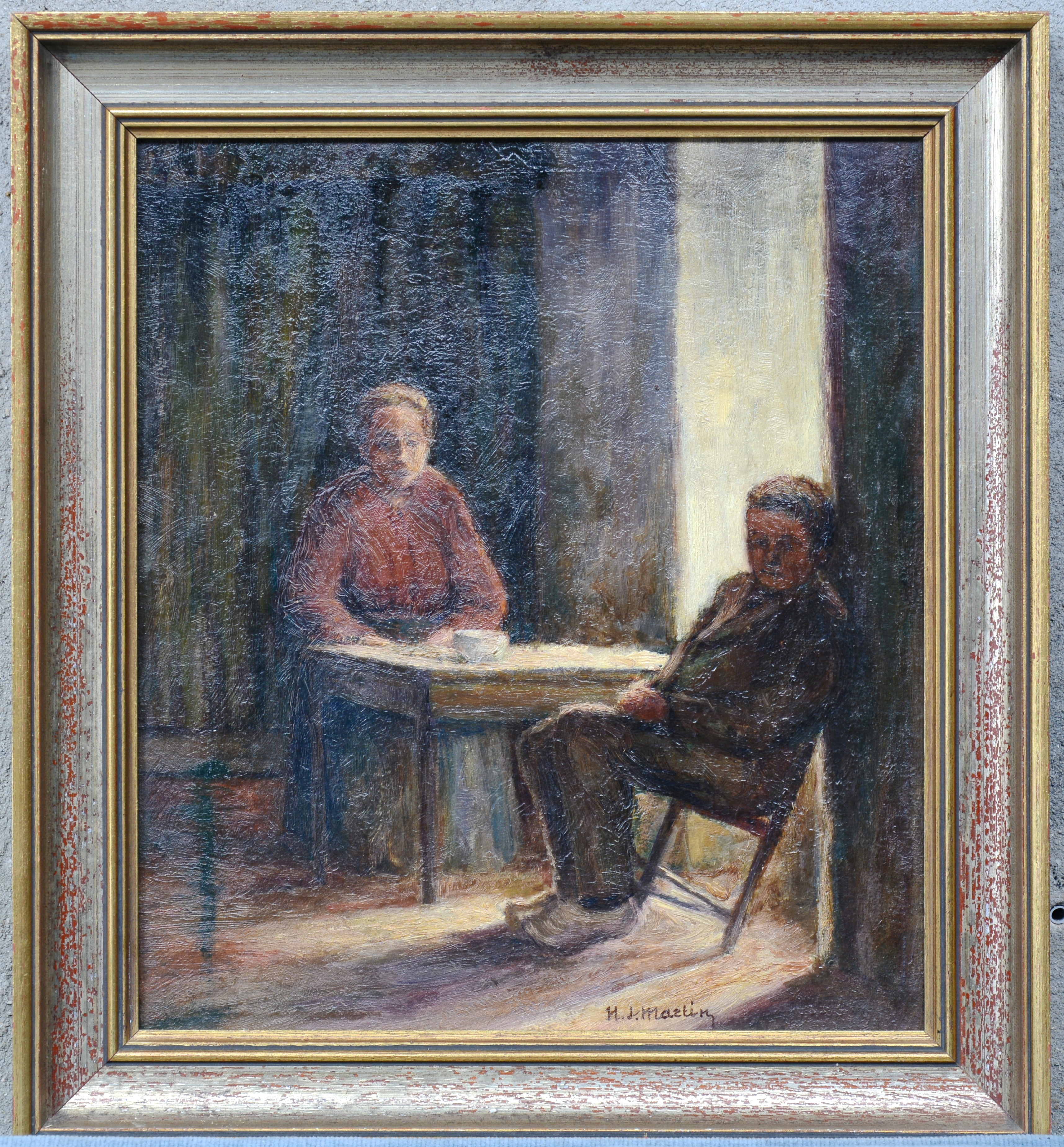 “Twee mensen in een interieur”. Olieverf op paneel. Gesigneerd “Twee mensen in een interieur”. Olieverf op paneel. Gesigneerd.