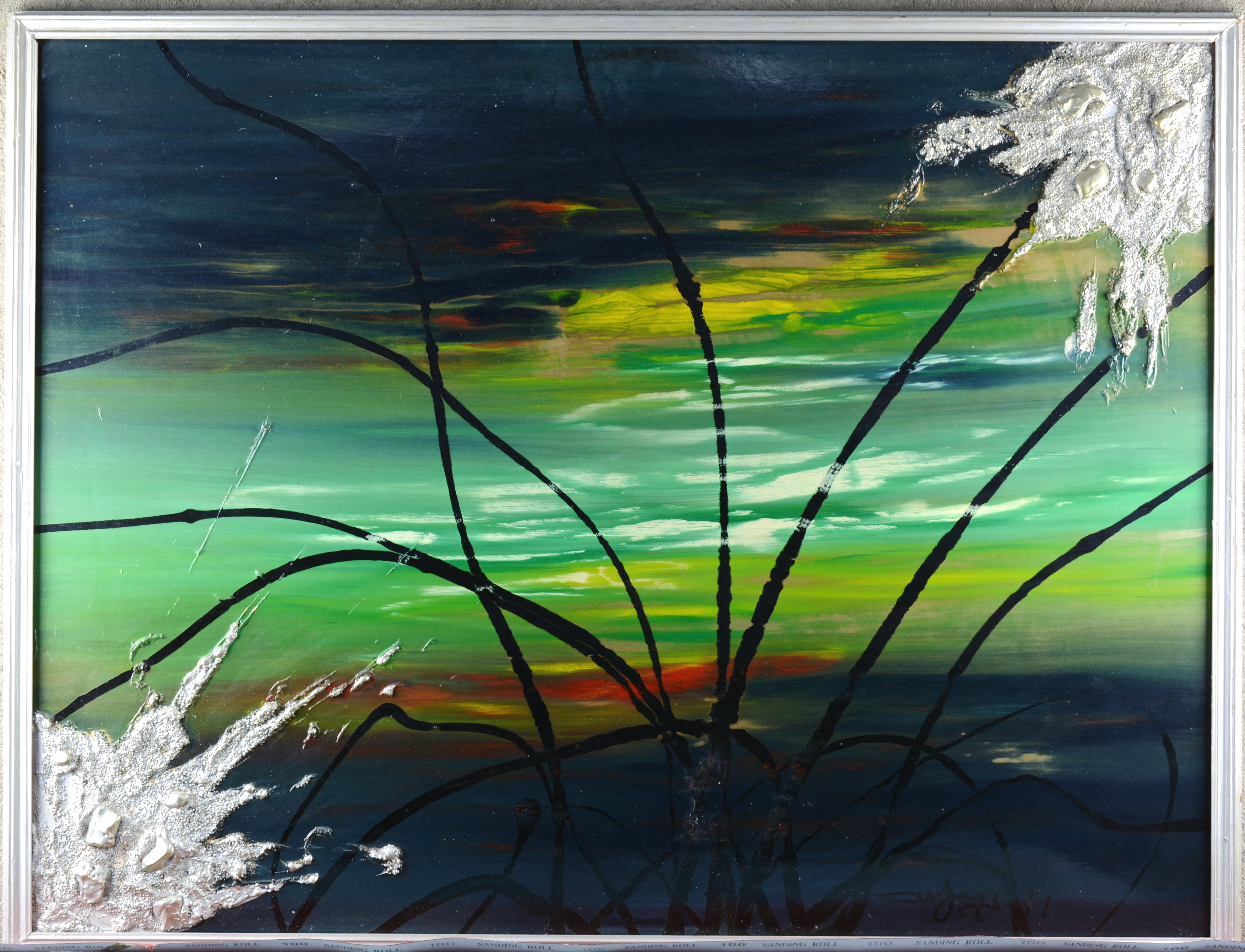 “Waterlandschap”. Olieverf en zilververf op paneel. Onleesbaar gesigneerd “Waterlandschap”. Olieverf en zilververf op paneel. Onleesbaar gesigneerd.