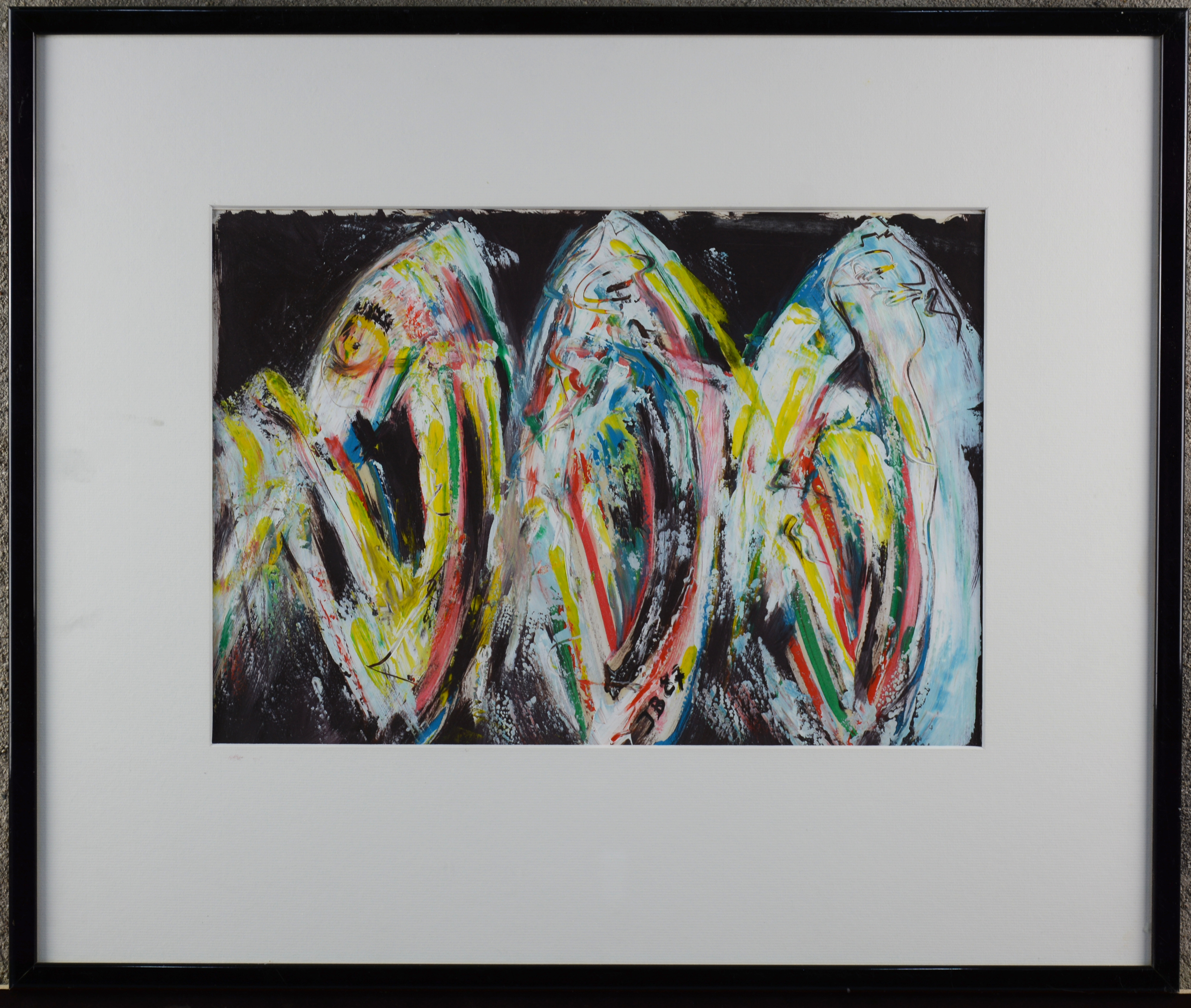 “Compositie met drie personages”. Olieverf op papier. Gemonogrammeerd en gedateerd 1987 “Compositie met drie personages”. Olieverf op papier. Gemonogrammeerd en gedateerd 1987.