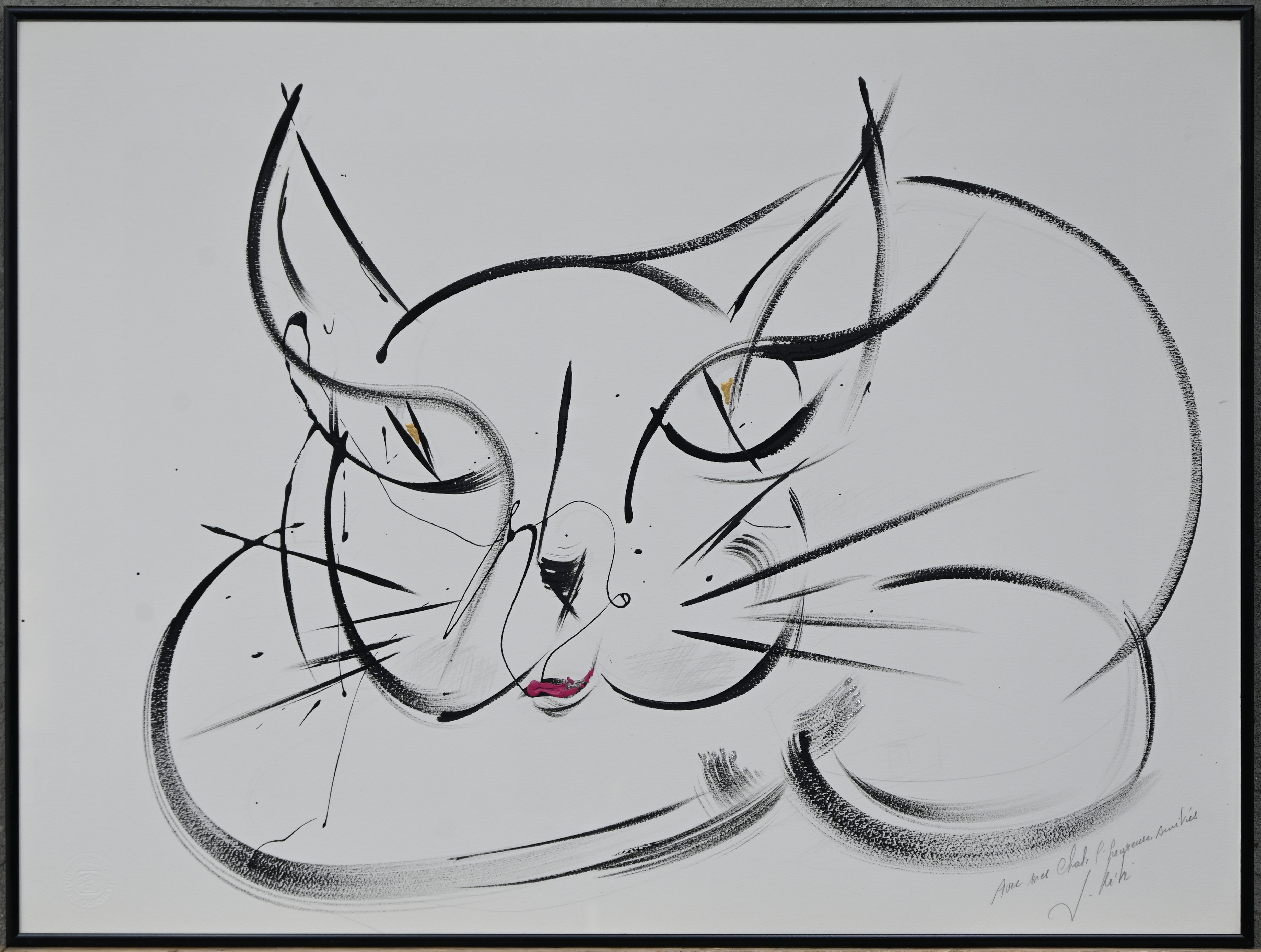 Zwierige tekening van een kat, gemengde techniek. Getekend met opdracht Zwierige tekening van een kat, gemengde techniek. Getekend met opdracht.