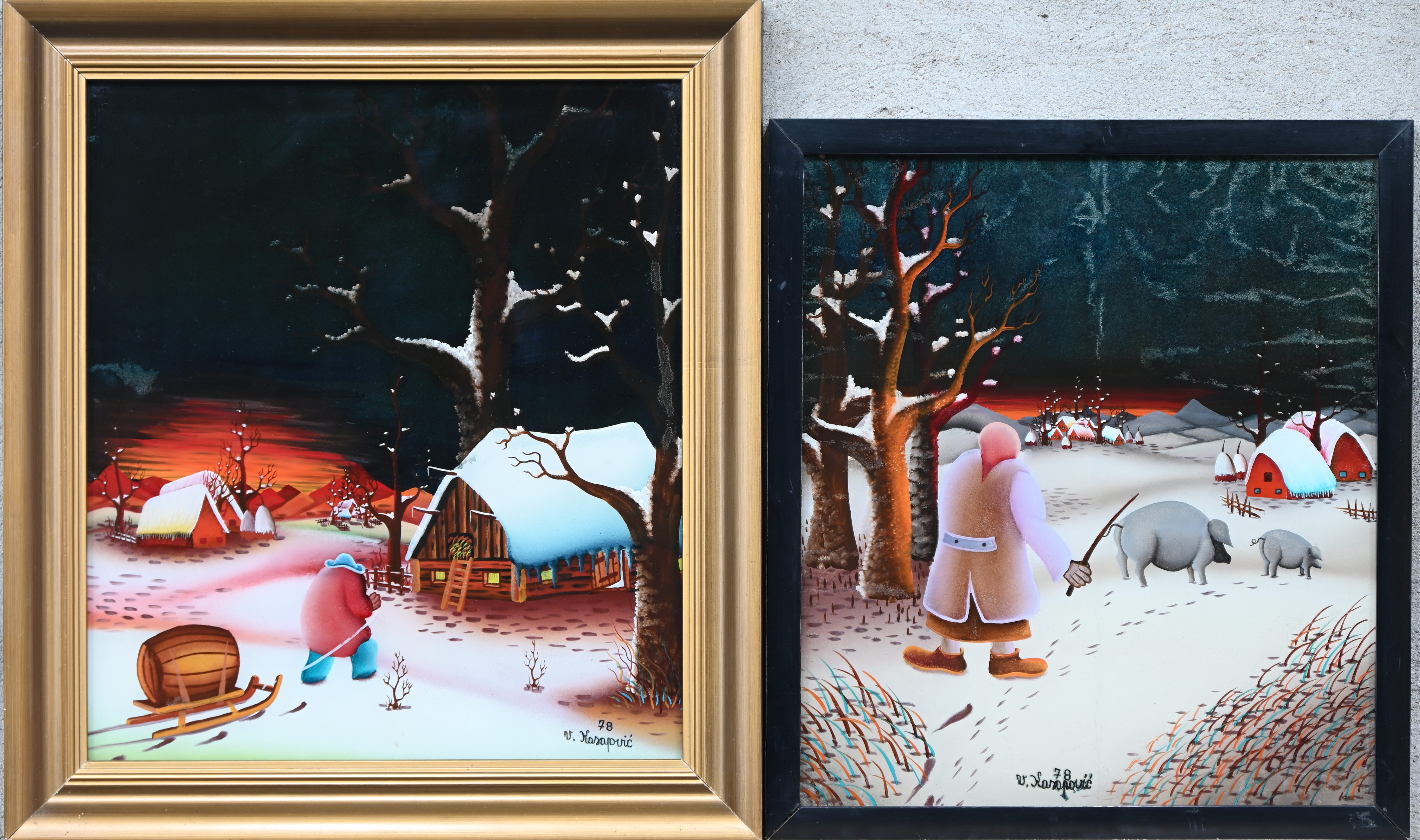 ‘Winterlandschappen’, twee art-brut églomisé schilderijen. Gesigneerd en gedateerd ‘78 ‘Winterlandschappen’, twee art-brut églomisé schilderijen. Gesigneerd en gedateerd ‘78.