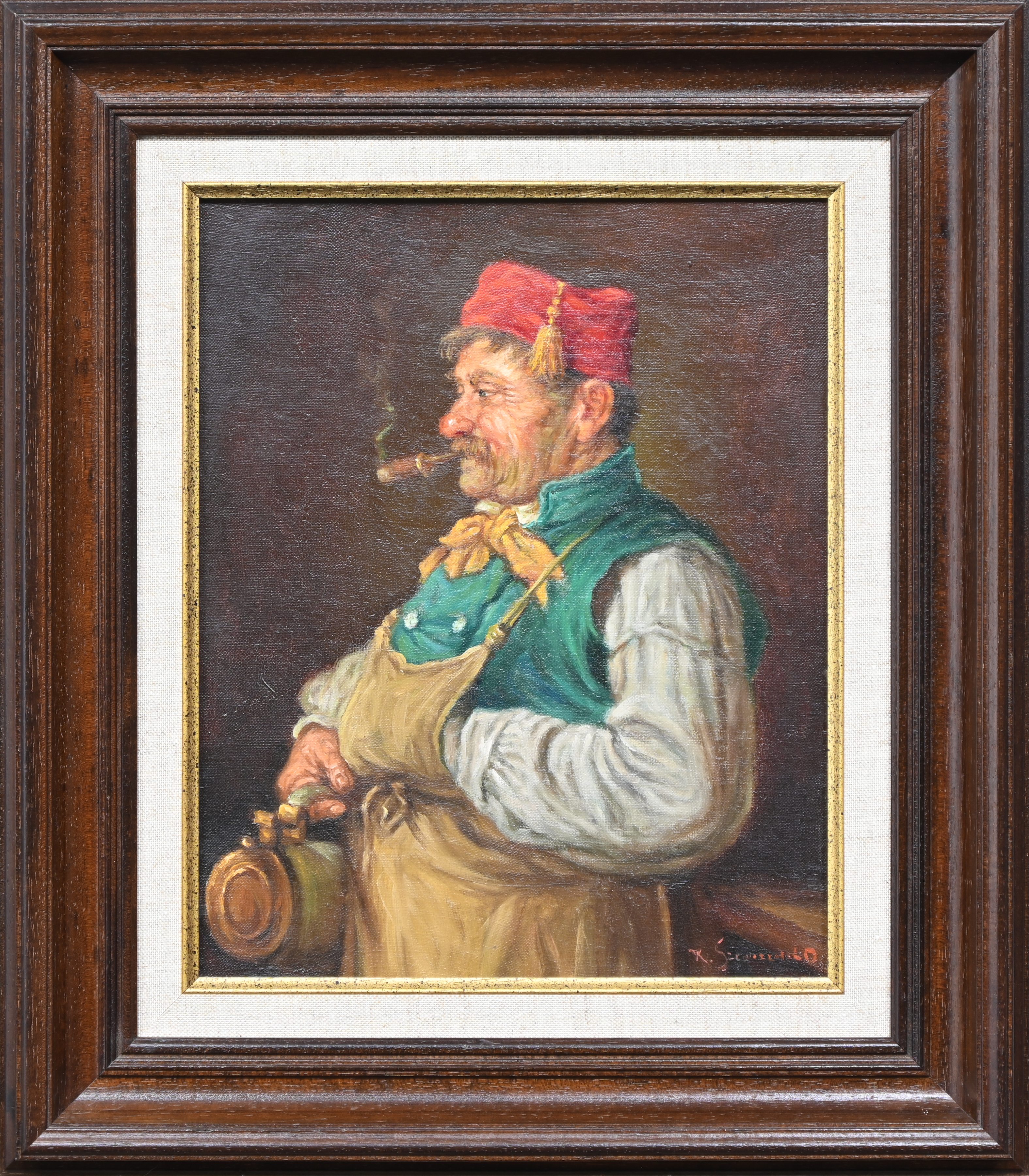 ‘Portret van een man met rode muts’, een olieverfschilderij op doek. Onleesbaar gesigneerd ‘Portret van een man met rode muts’, een olieverfschilderij op doek. Onleesbaar gesigneerd.