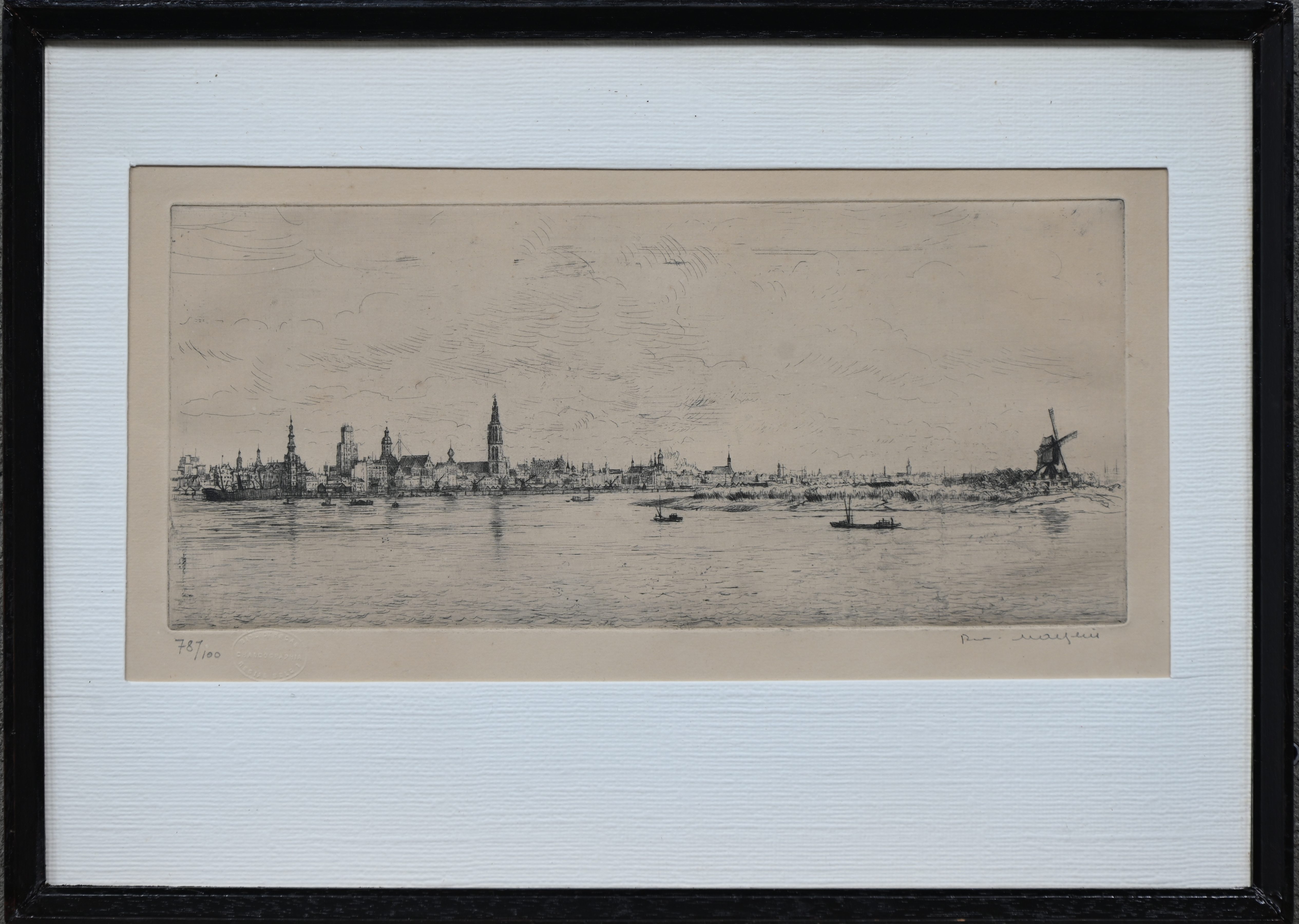 ‘Zicht op Antwerpen vanop Linkeroever’, een monochrome ets. Getekend Rom. Malfliet. Nr. 78 uit een oplage van 100 exemplaren ‘Zicht op Antwerpen vanop Linkeroever’, een monochrome ets. Getekend Rom. Malfliet. Nr. 78 uit een oplage van 100 exemplaren.