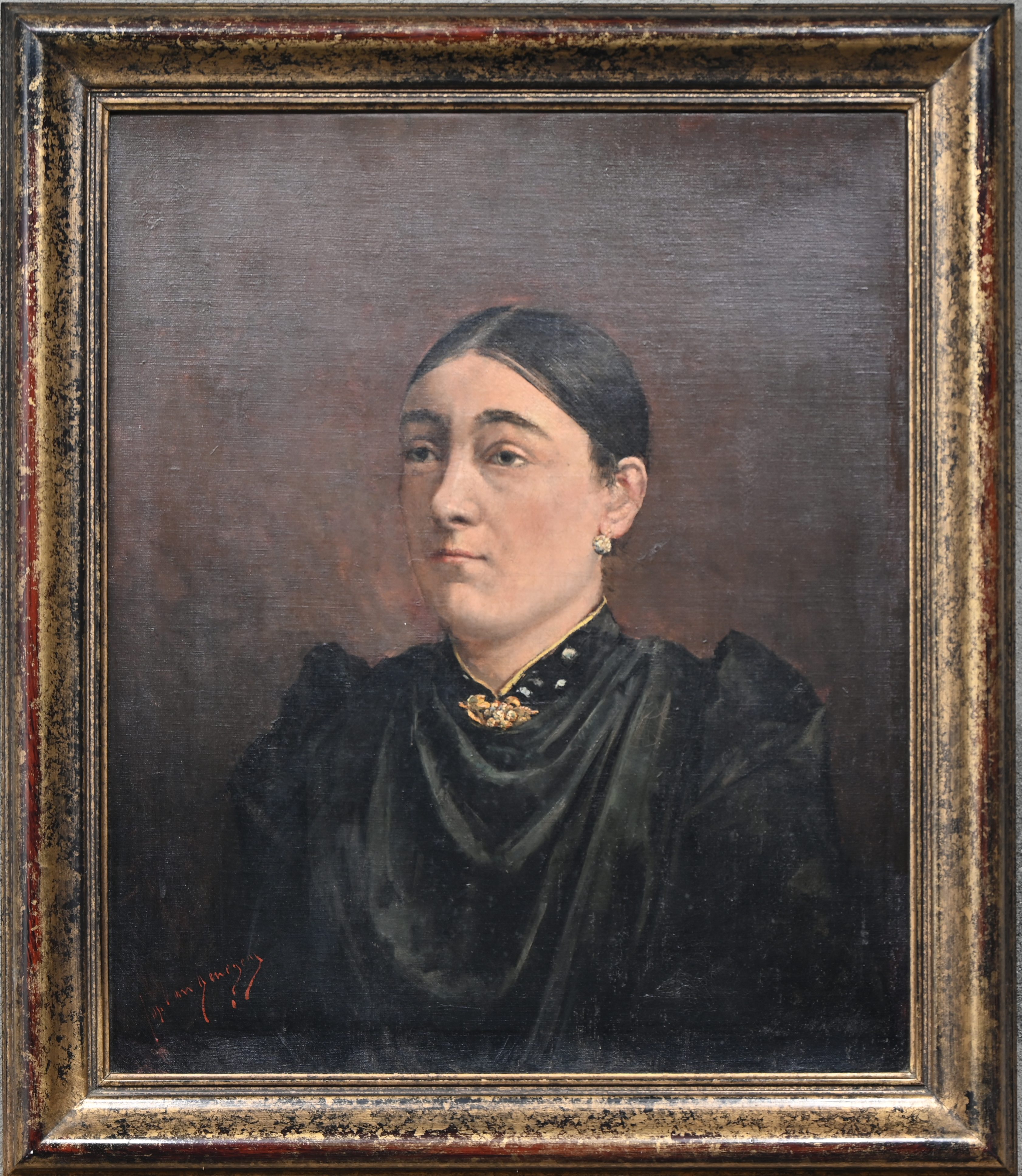 “Damesportret”, een olieverfschilderij op doek, Gesigneerd Jos Van Genegen “Damesportret”, een olieverfschilderij op doek, Gesigneerd Jos Van Genegen.