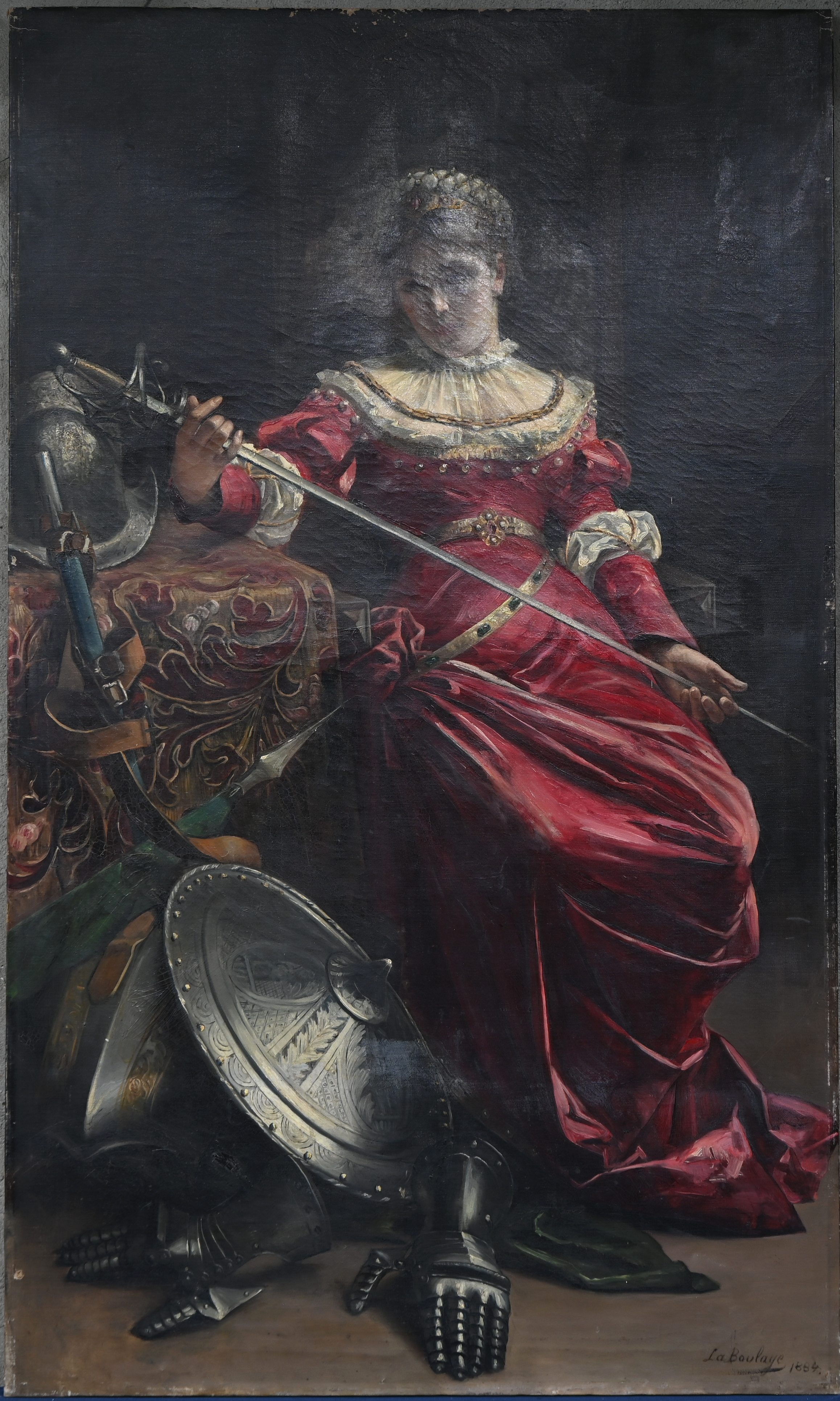 “Les armes du vainqueur”, een 19e eeuws schilderij, olieverf op doek, gesigneerd La Boulaye en gedateerd 1884. Achteraan plaatje met titel. Lichte verfschade “Les armes du vainqueur”, een 19e eeuws schilderij, olieverf op doek, gesigneerd La Boulaye en gedateerd 1884. Achteraan plaatje met titel. Lichte verfschade.
