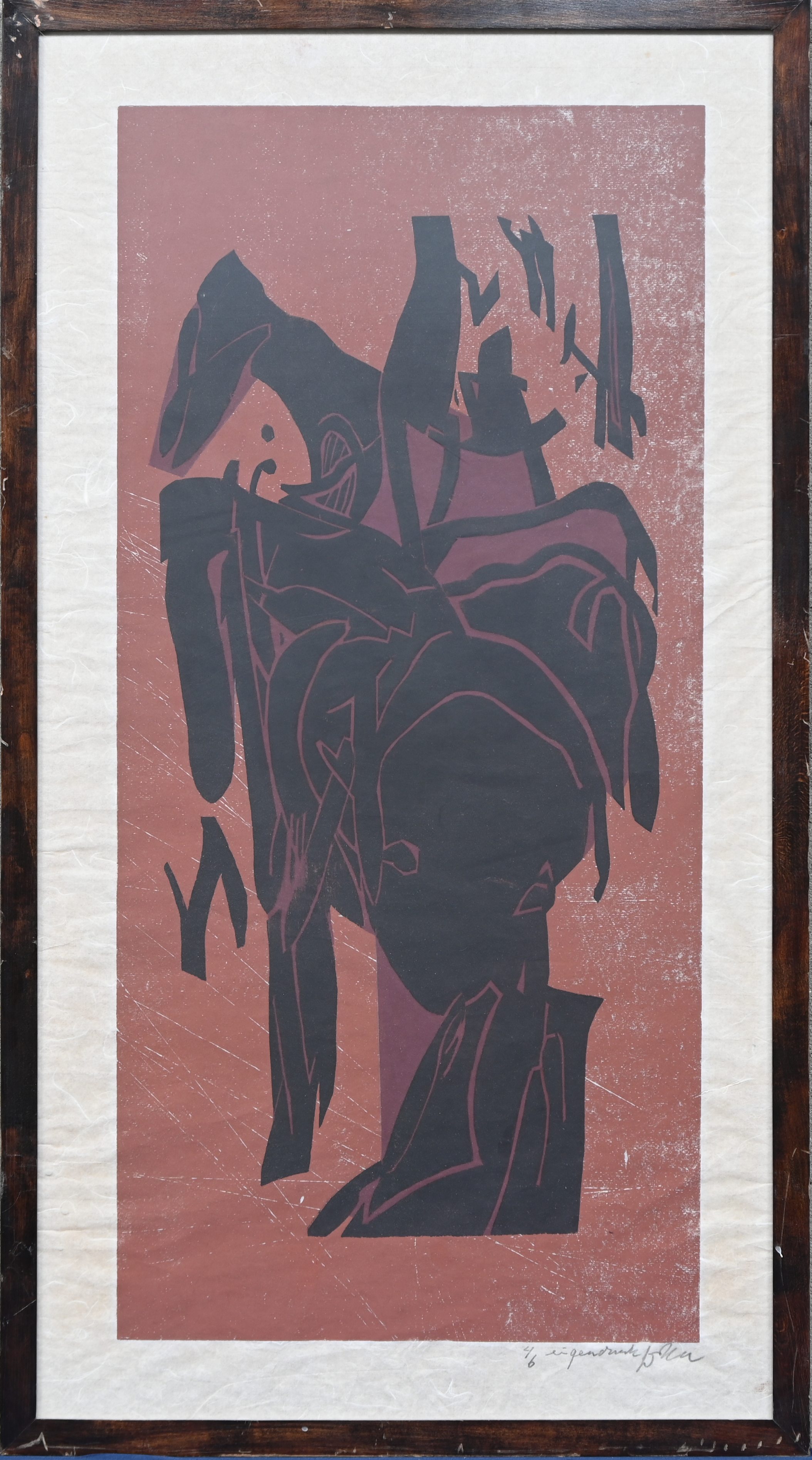 “Abstracte compositie”, een houtsnede in kleur, gesigneerd buiten de plaat “Abstracte compositie”, een houtsnede in kleur, gesigneerd buiten de plaat.