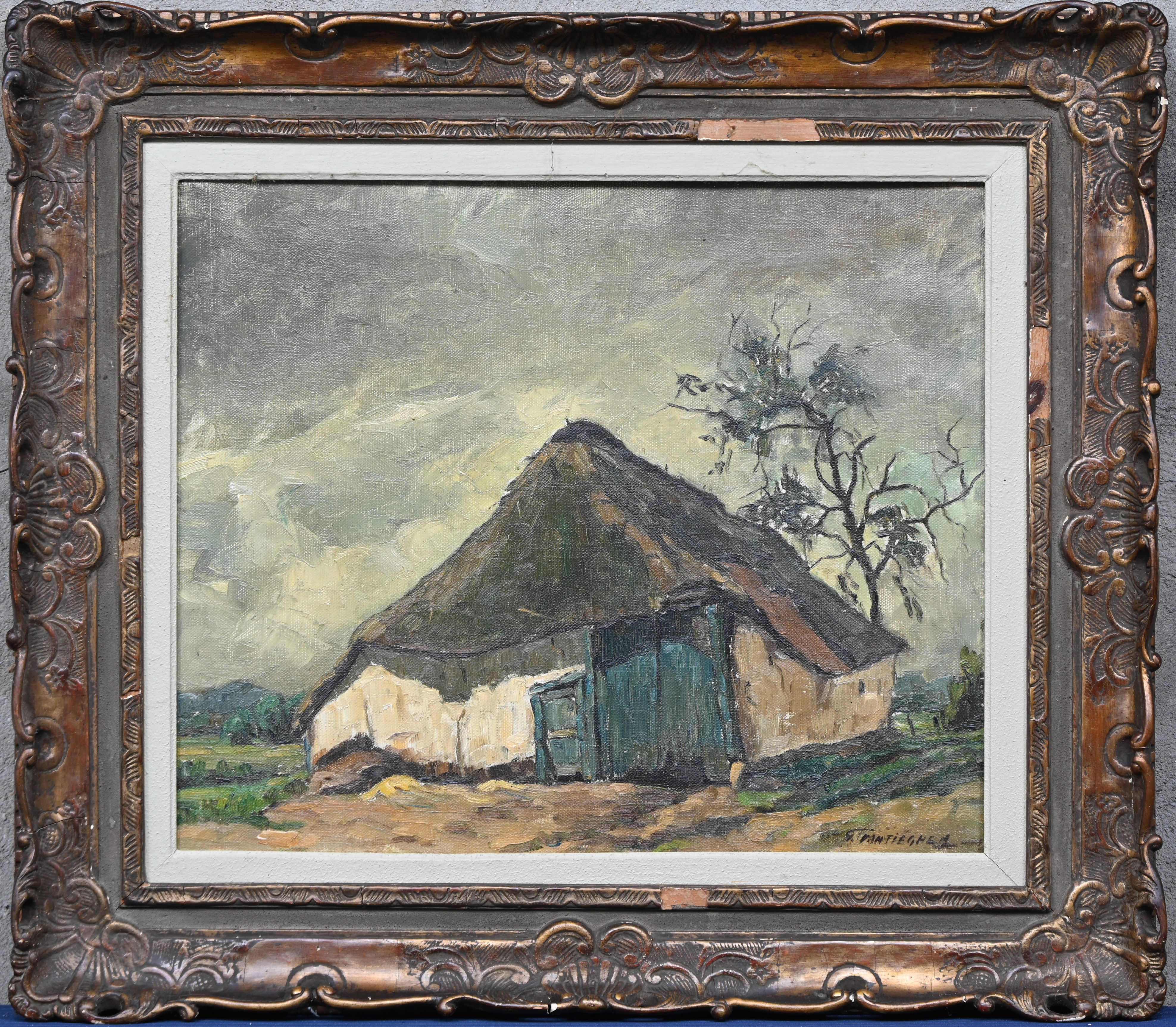 “Hoevezicht”, een olieverfschilderij op doek. Gesigneerd “Hoevezicht”, een olieverfschilderij op doek. Gesigneerd.