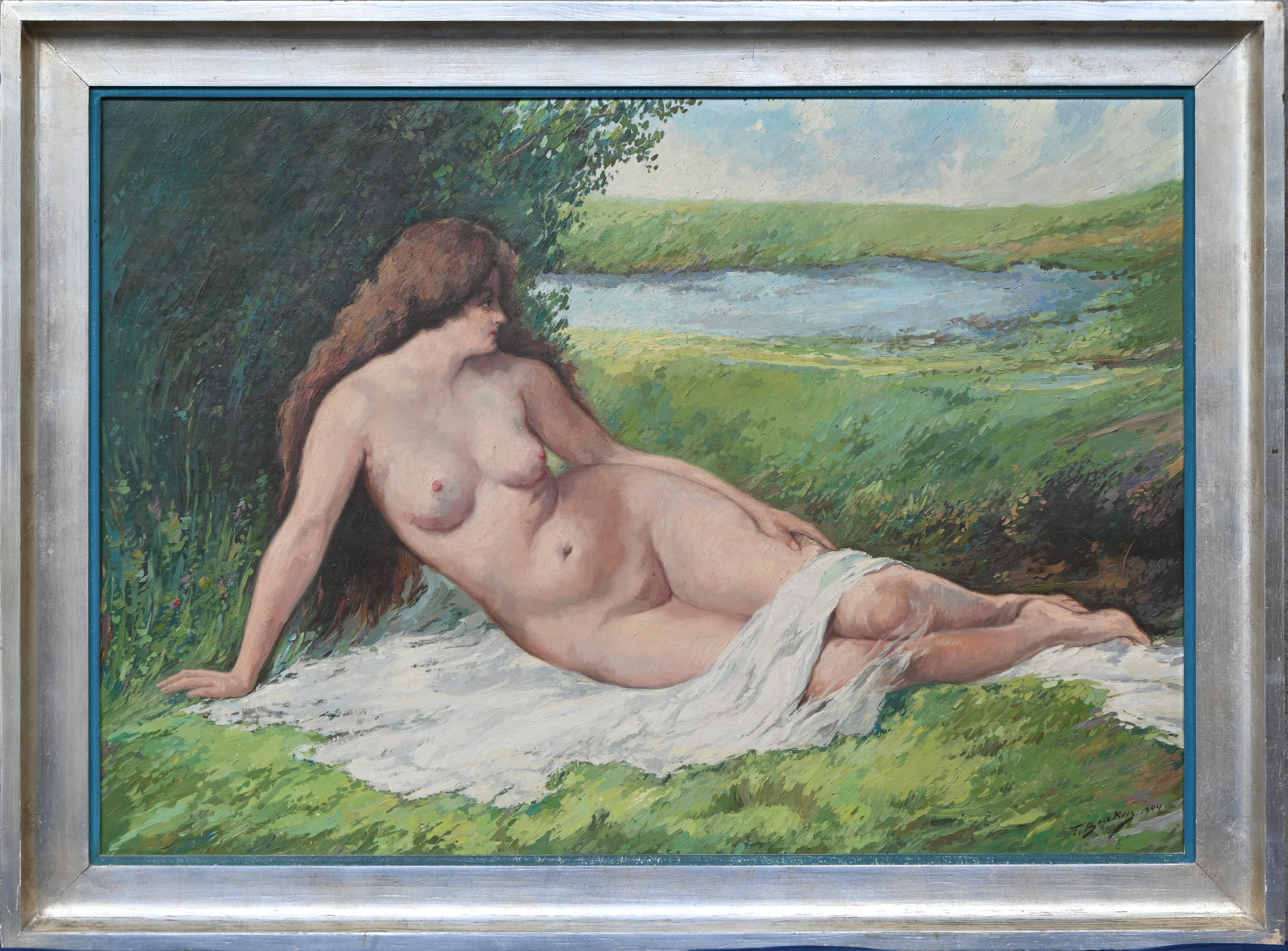 ‘Liggend naakt’, een postimpressionistisch olieverfschilderij op doek. Gesigneerd ‘F. Bose Kris?’ ‘Liggend naakt’, een postimpressionistisch olieverfschilderij op doek. Gesigneerd ‘F. Bose Kris?’.