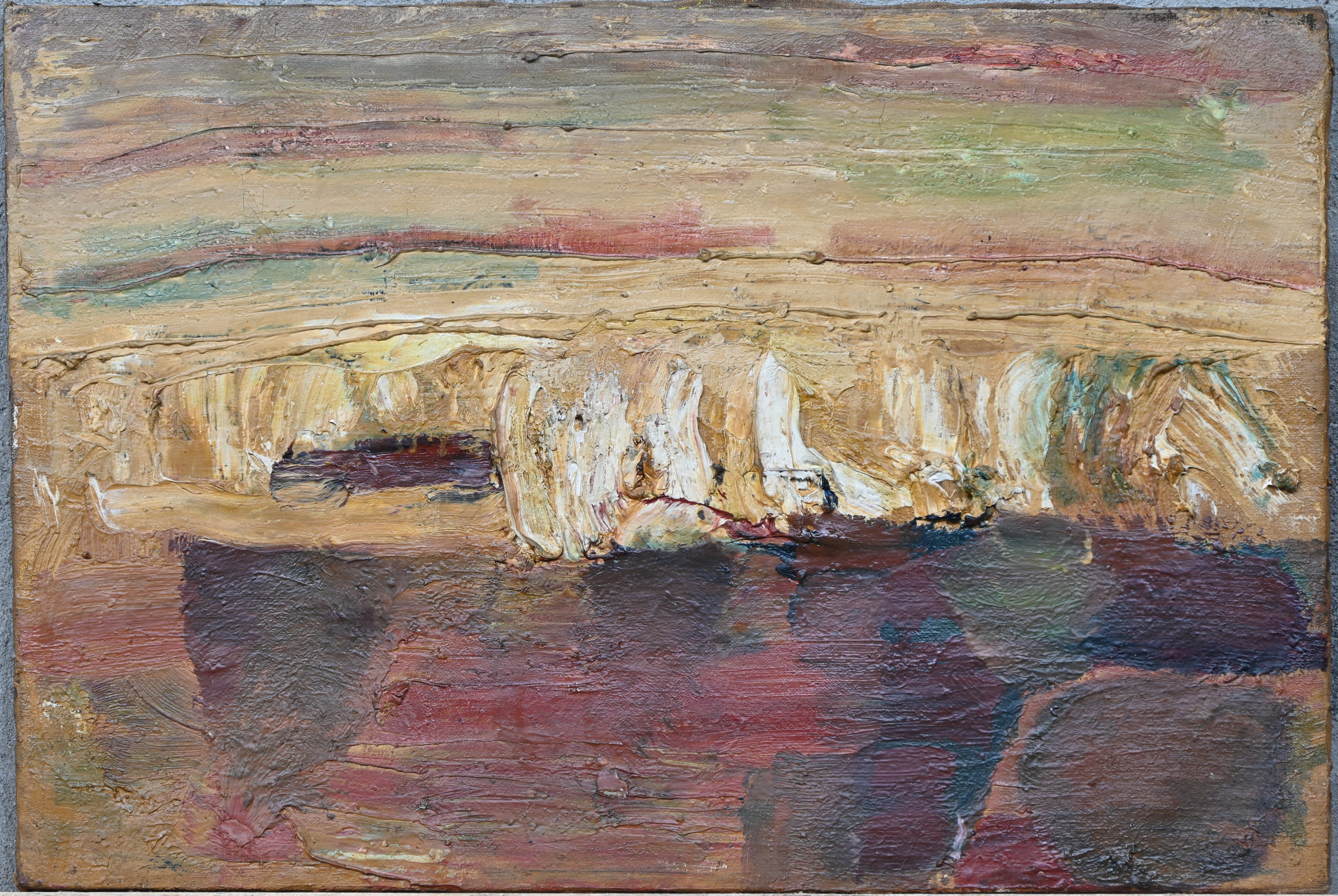 ‘Abstract landschap’, een impasto olieverfschilderij op doek. Draagt verso de niet geverifieerd handtekening van (Frank) Auerbach ‘Abstract landschap’, een impasto olieverfschilderij op doek. Draagt verso de niet geverifieerd handtekening van (Frank) Auerbach.