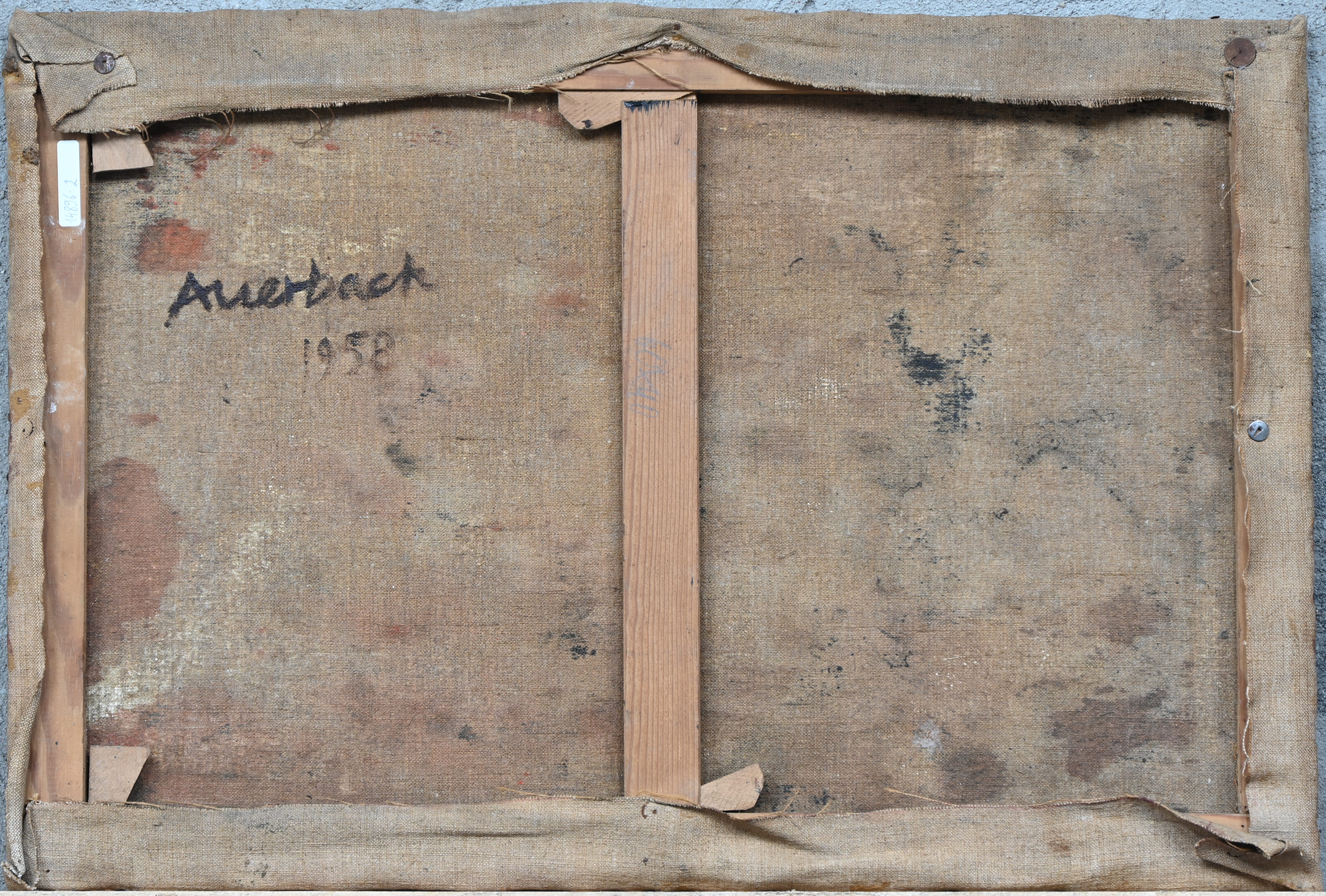 ‘Abstract landschap’, een impasto olieverfschilderij op doek. Draagt verso de niet geverifieerd handtekening van (Frank) Auerbach ‘Abstract landschap’, een impasto olieverfschilderij op doek. Draagt verso de niet geverifieerd handtekening van (Frank) Auerbach.