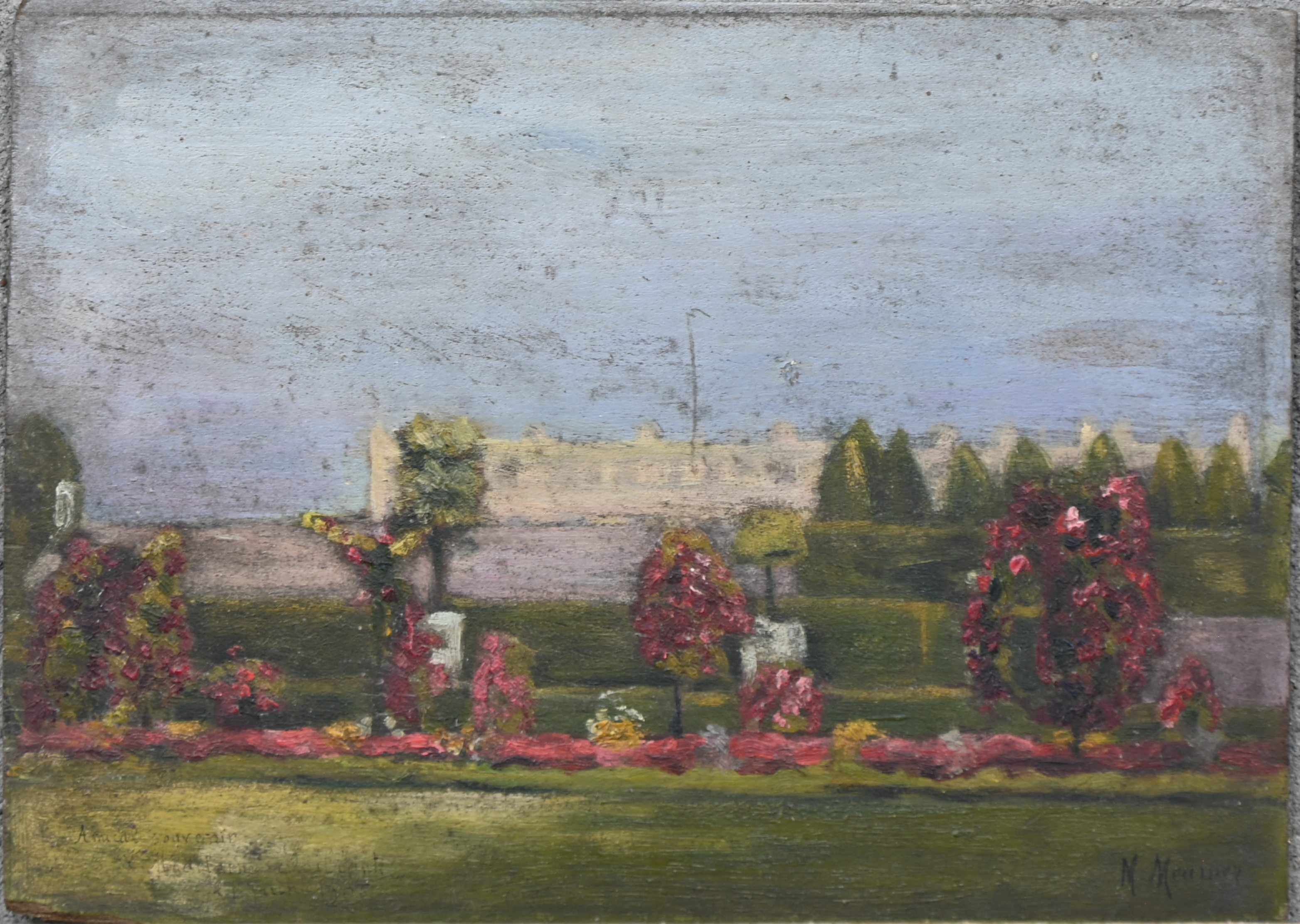 ‘Rozentuin’, een olieverfschilderij op paneel. Getekend ‘M. Meunier’ ‘Rozentuin’, een olieverfschilderij op paneel. Getekend ‘M. Meunier’.