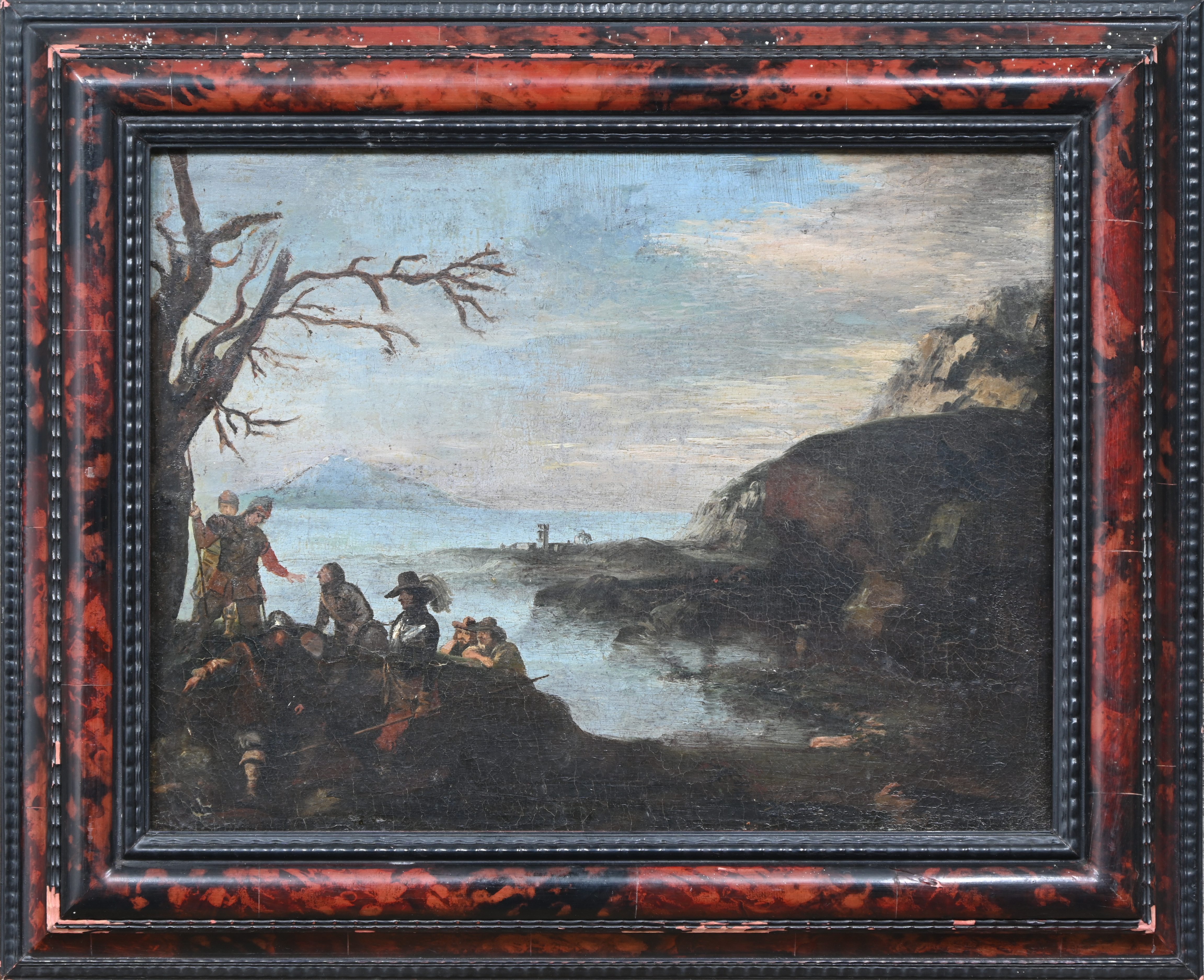 ‘Soldaten aan de waterkant’, een 19e eeuws olieverfschilderij op doek. Mogelijk Italiaanse school, niet gesigneerd ‘Soldaten aan de waterkant’, een 19e eeuws olieverfschilderij op doek. Mogelijk Italiaanse school, niet gesigneerd.