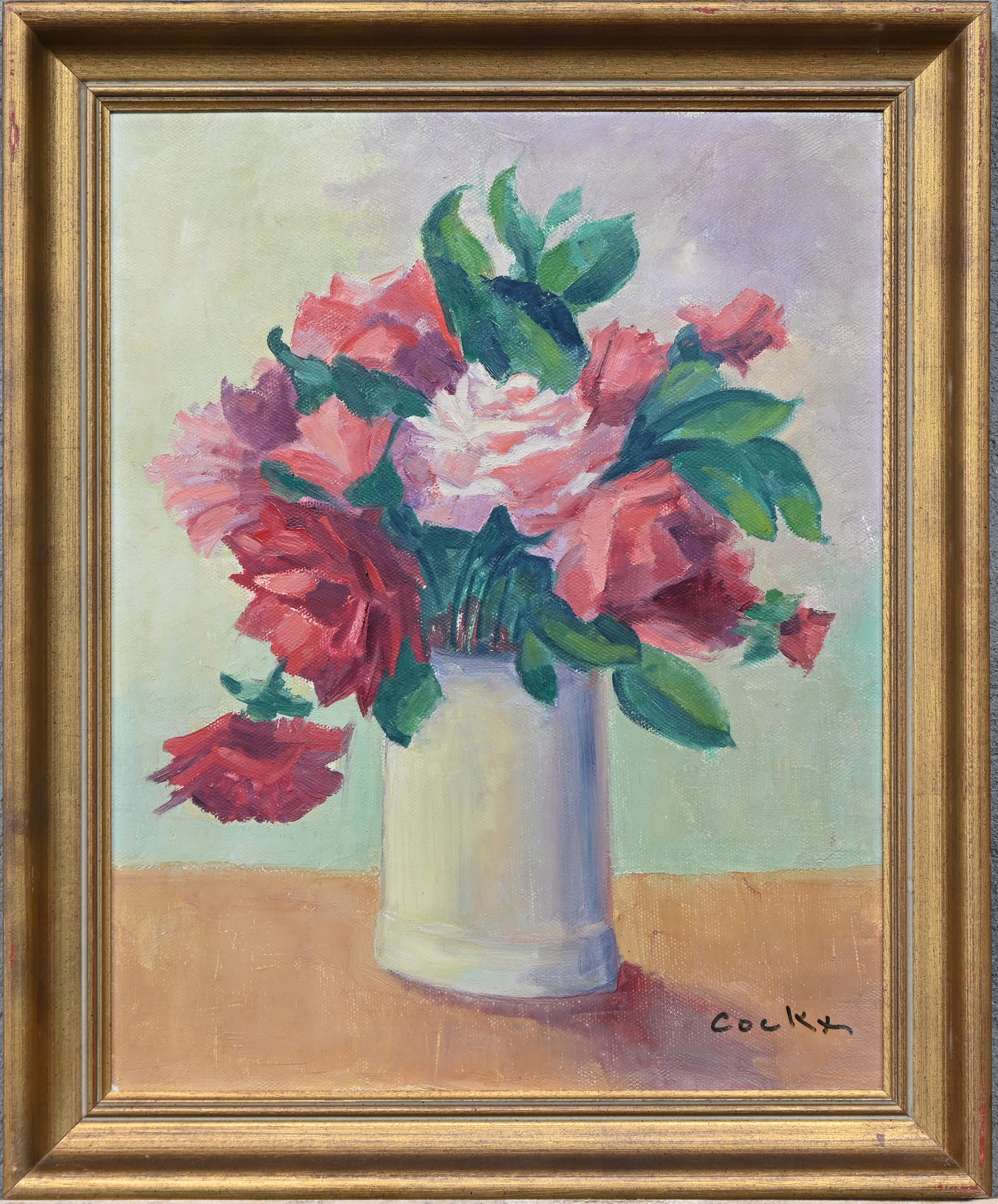 ‘Bloemenvaas’, een olieverfschilderij op doek. Gesigneerd, verso gedateerd ‘74 ‘Bloemenvaas’, een olieverfschilderij op doek. Gesigneerd, verso gedateerd ‘74.