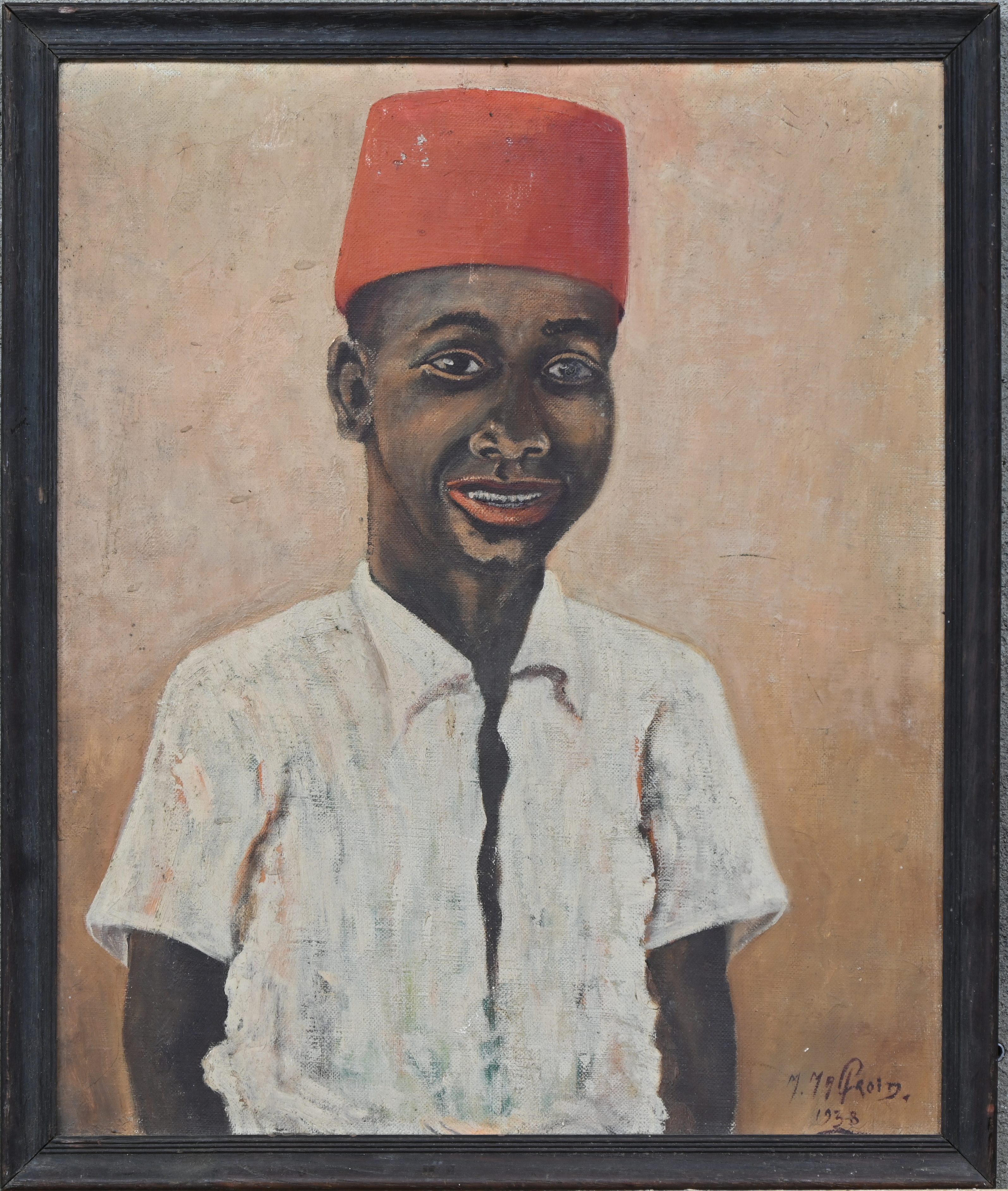 ‘Man met fez’, een art-brut schilderij. Olieverf op paneel. Gesigneerd ‘Ma Froid’ ‘Man met fez’, een art-brut schilderij. Olieverf op paneel. Gesigneerd ‘Ma Froid’.