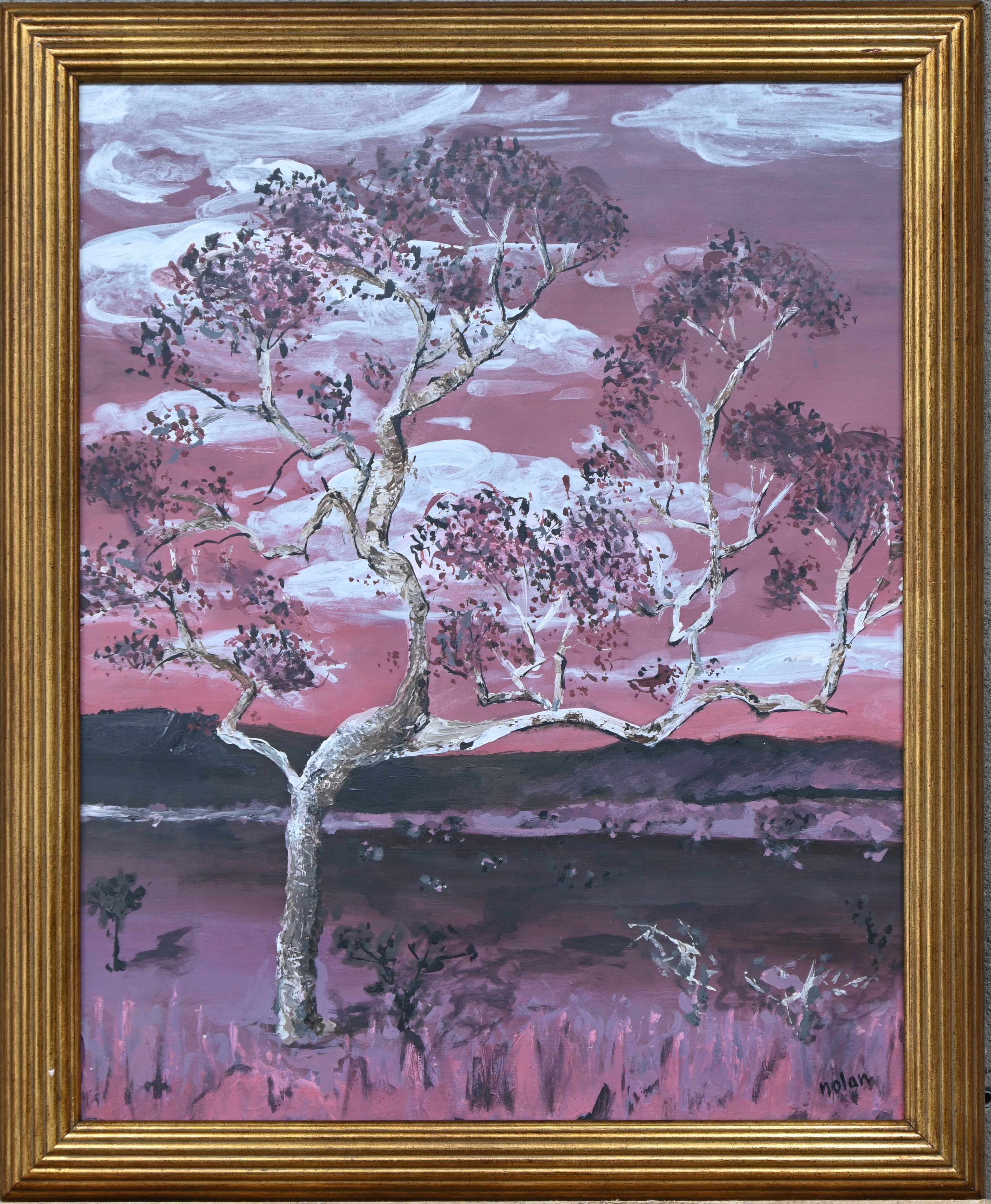 ‘Landschap in paarstinten’, een art-brut schilderij. Olieverf op paneel. Gesigneerd ‘Nolan’ ‘Landschap in paarstinten’, een art-brut schilderij. Olieverf op paneel. Gesigneerd ‘Nolan’.