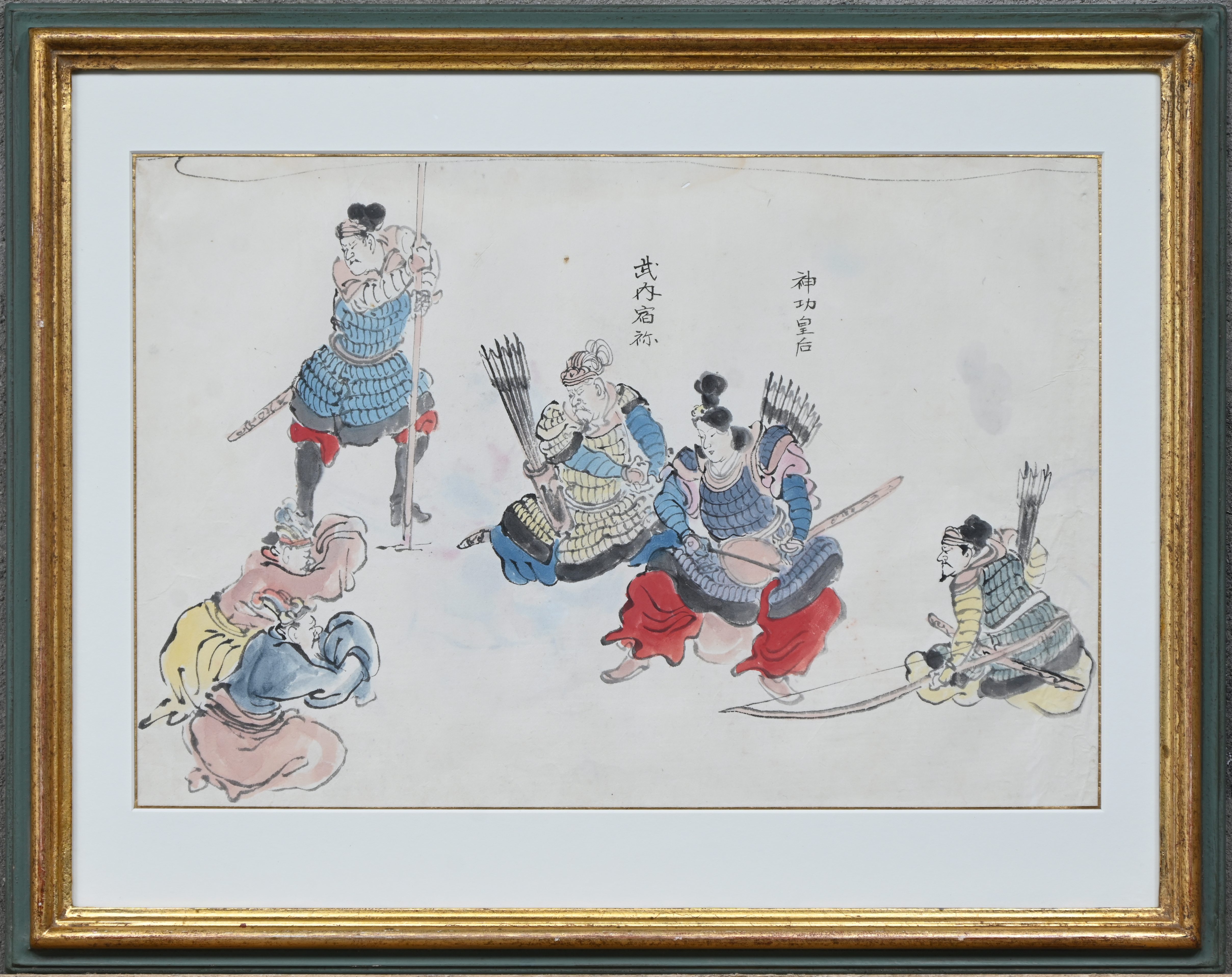 ‘Takeshiuchi no Sukune & Keizerin Jingu’, een ingekleurde inkttekening op rijstpapier ‘Takeshiuchi no Sukune & Keizerin Jingu’, een ingekleurde inkttekening op rijstpapier.