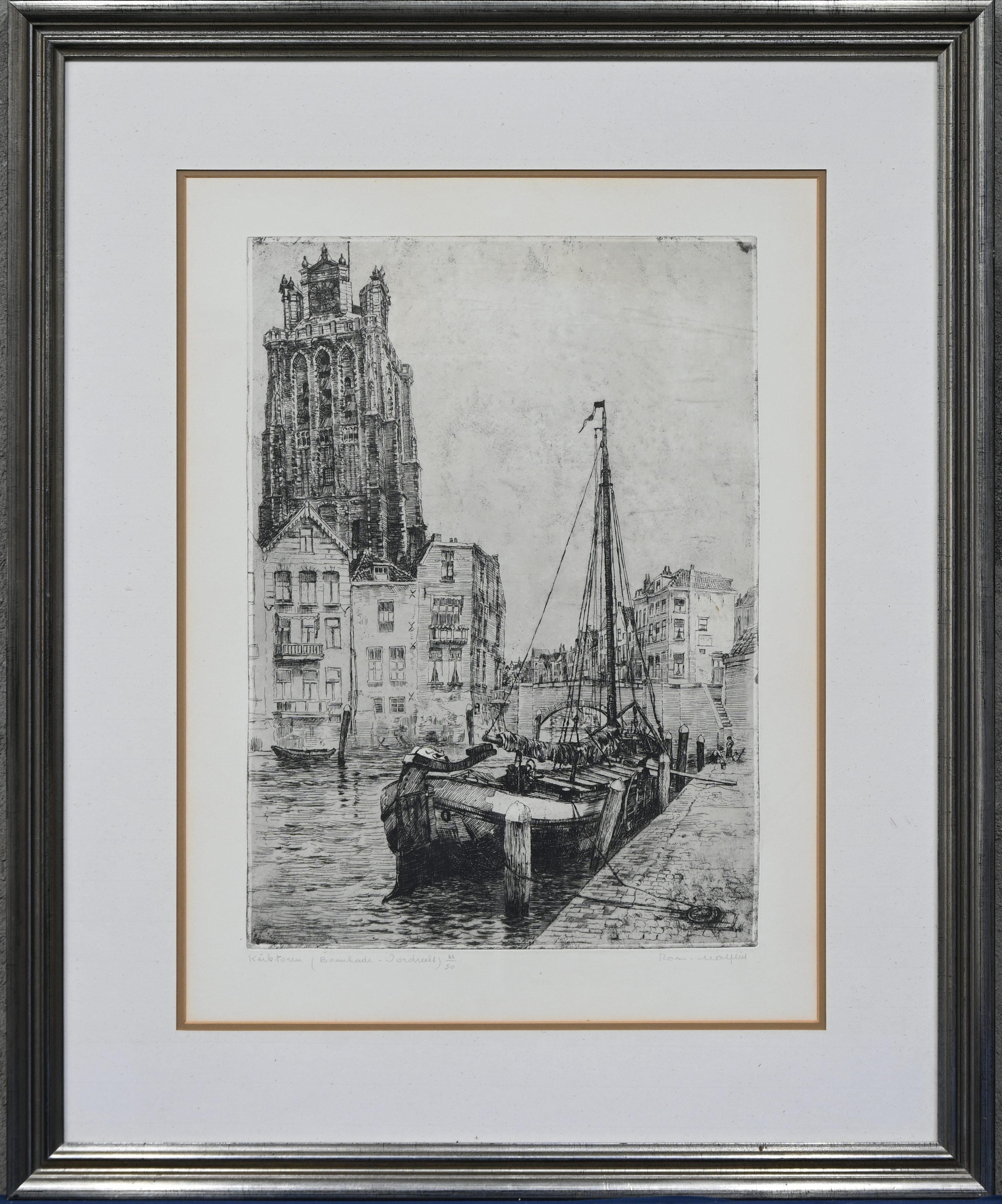 “Kerktoren, (Bomkade - Dordrecht)”, een ets, buiten de plaat getiteld en gesigneerd. Genummerd 25/50 “Kerktoren, (Bomkade - Dordrecht)”, een ets, buiten de plaat getiteld en gesigneerd. Genummerd 25/50.