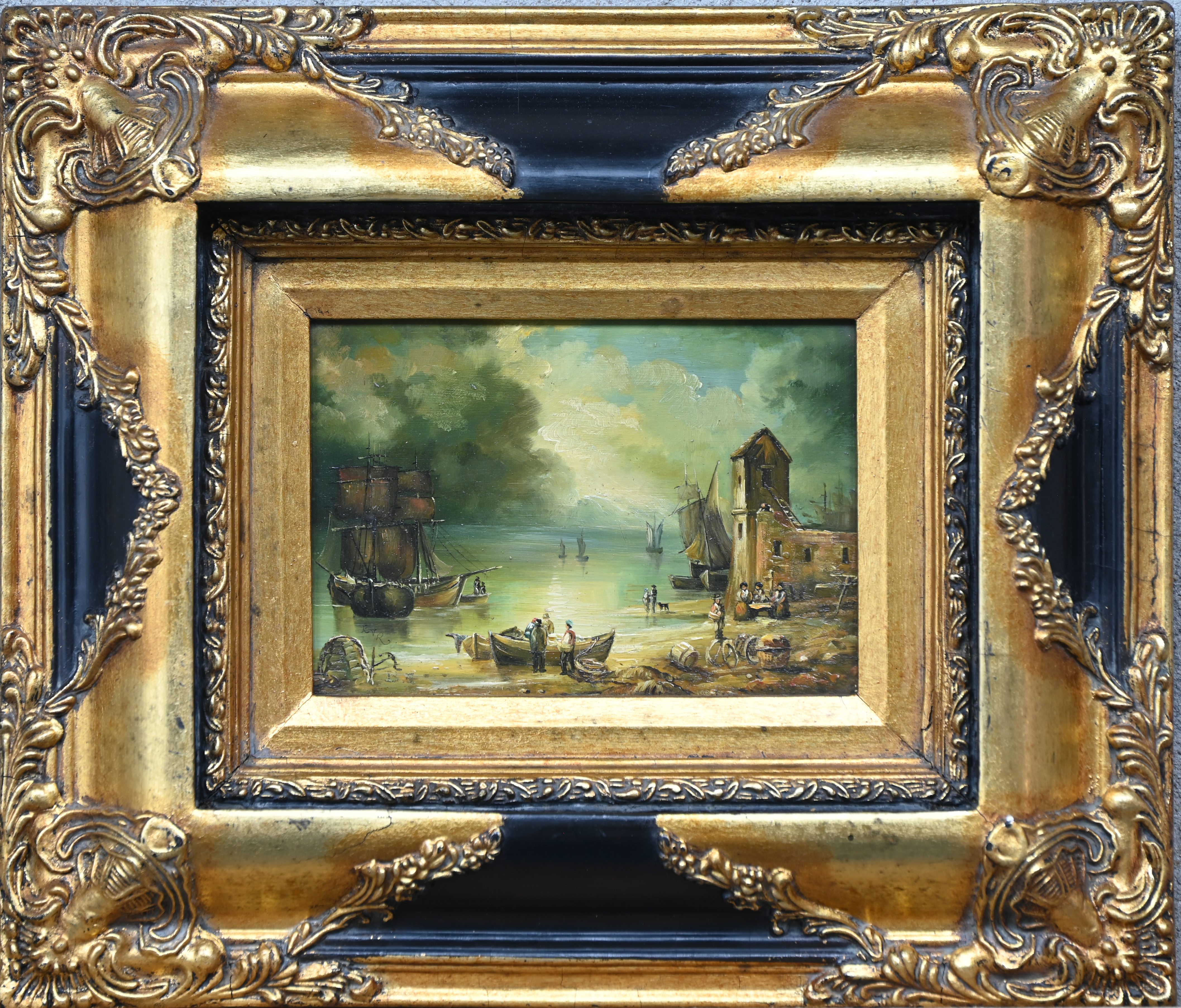 “Landschap met haven”, een schilderij, olieverf op paneel, naar de Hollandse school. Gemonogrammeerd RVR “Landschap met haven”, een schilderij, olieverf op paneel, naar de Hollandse school. Gemonogrammeerd RVR.