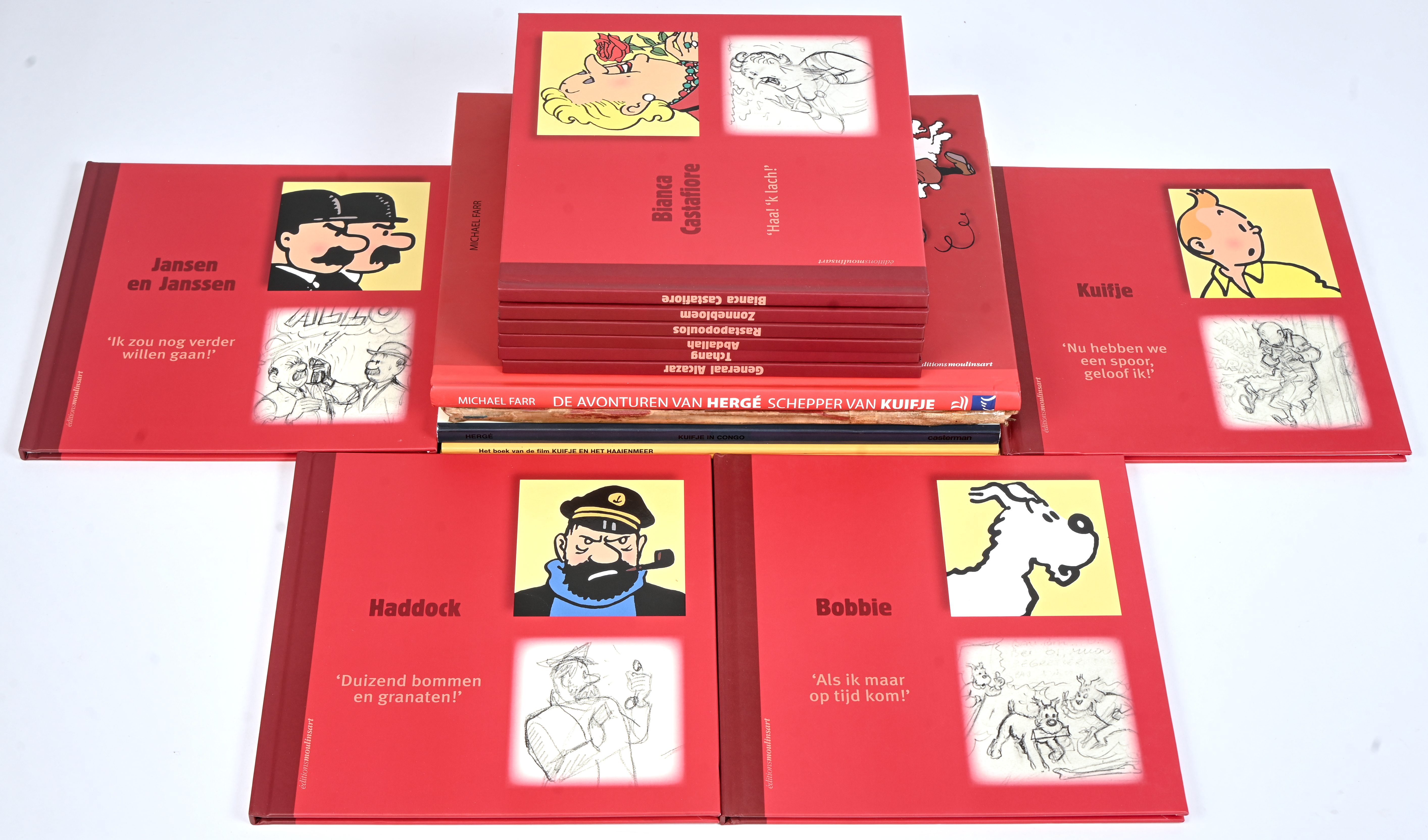 Verzameling van 10 monografieën over iconische personages uit de Kuifje reeks door Michael Farr, toegevoegd de avonturen van Hergé, schepper van Kuifje, de avonturen van Kuifje, reporter van de “petit vingtieme” in Congo, Het album van de film, Kuifje en het haaienmeer en een oude versleten druk van Kuifje in Congo Verzameling van 10 monografieën over iconische personages uit de Kuifje reeks door Michael Farr, toegevoegd de avonturen van Hergé, schepper van Kuifje, de avonturen van Kuifje, reporter van de “petit vingtieme” in Congo, Het album van de film, Kuifje en het haaienmeer en een oude versleten druk van Kuifje in Congo.